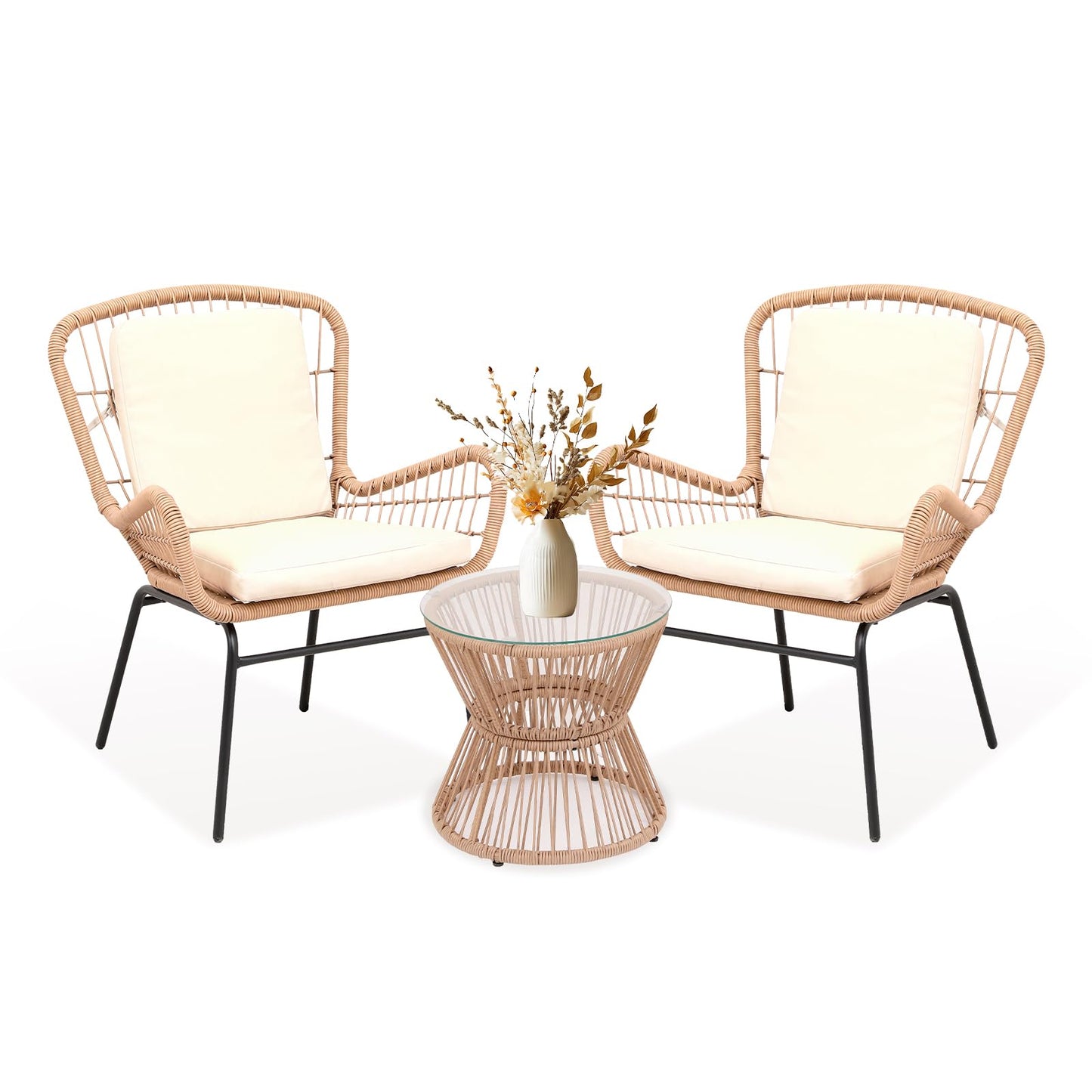 3 Piece Outdoor Rattan Patio Bistro Set with Glass Top Table and 2 Chairs, All Weather Patio Furniture for Backyard, Poolside, Porch, Balcony, Garden, Beige