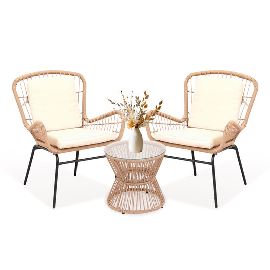 3 Piece Outdoor Rattan Patio Bistro Set with Glass Top Table and 2 Chairs, All Weather Patio Furniture for Backyard, Poolside, Porch, Balcony, Garden, Beige
