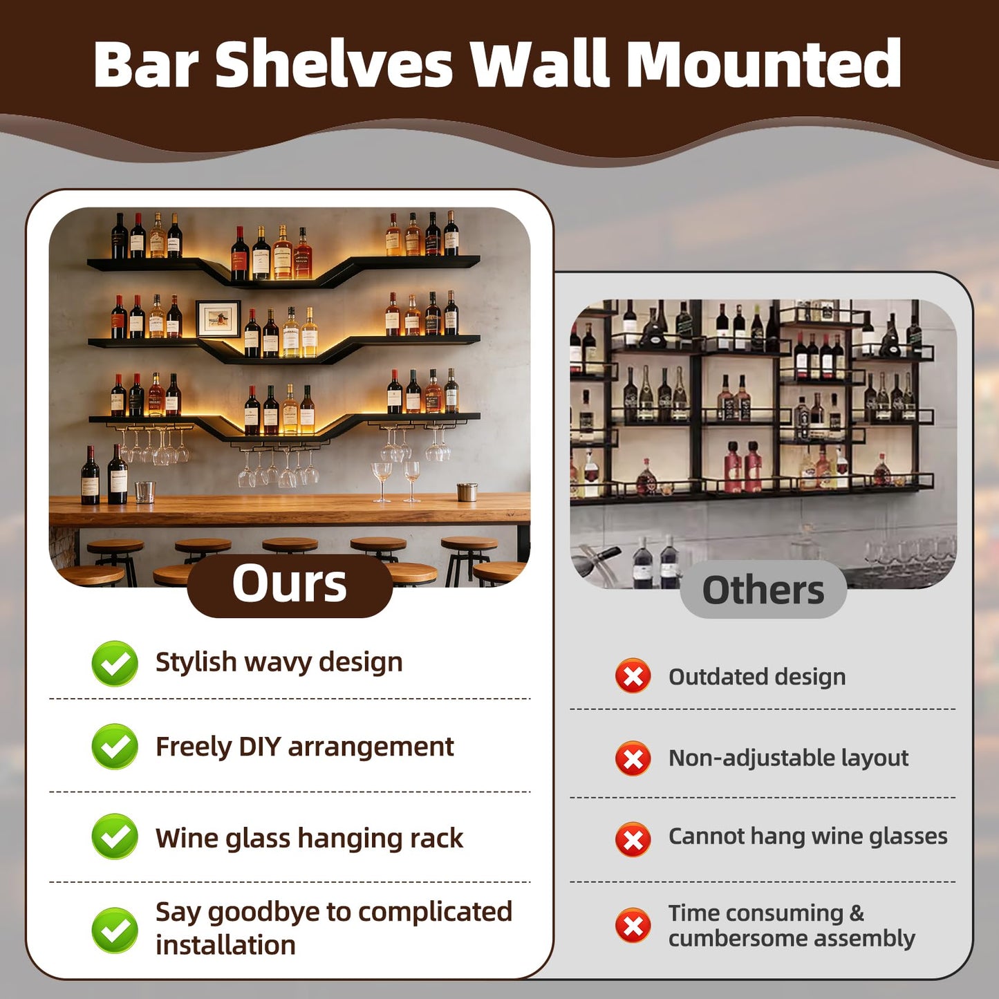 ZHDZKJ 𝑼𝒑𝒈𝒓𝒂𝒅𝒆 39.4" LED Modern Wall Mounted Wine Rack, 3-Tier Floating Bar Shelves, Golden High Brightness LED Light Strip, Large Bar Shelf with Wine Glass Rack, for Home Bars and Restaurants
