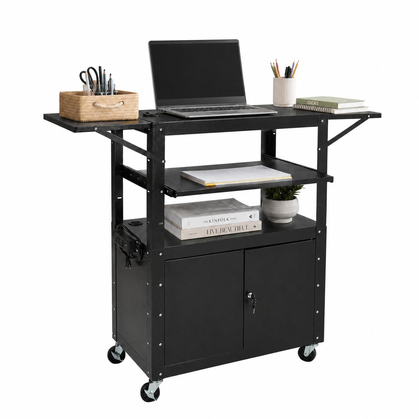 Mobile AV Cart with Lockable Cabinet, Adjustable Height Laptop Stand with Extension Rack, Drop Leaf Workstation, Extra Storage Space, Power Strip Included, Rolling Utility Cart
