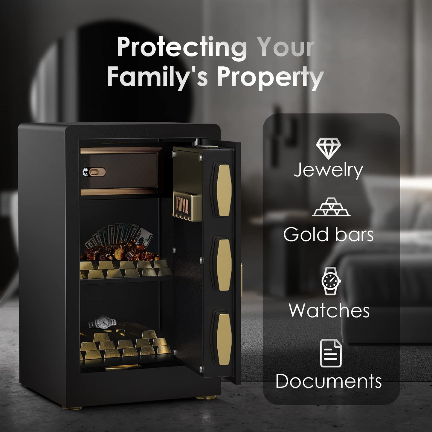 Safe Box, ADIMO 2.8 Cubic Ft Fireproof Safe Box, Weighted Cabinet Safe with Removable Shelf, Sensitive Alarm, Dual Key System with LCD Digital Screen, Safe for Jewelry, Cash, Documents and Gold
