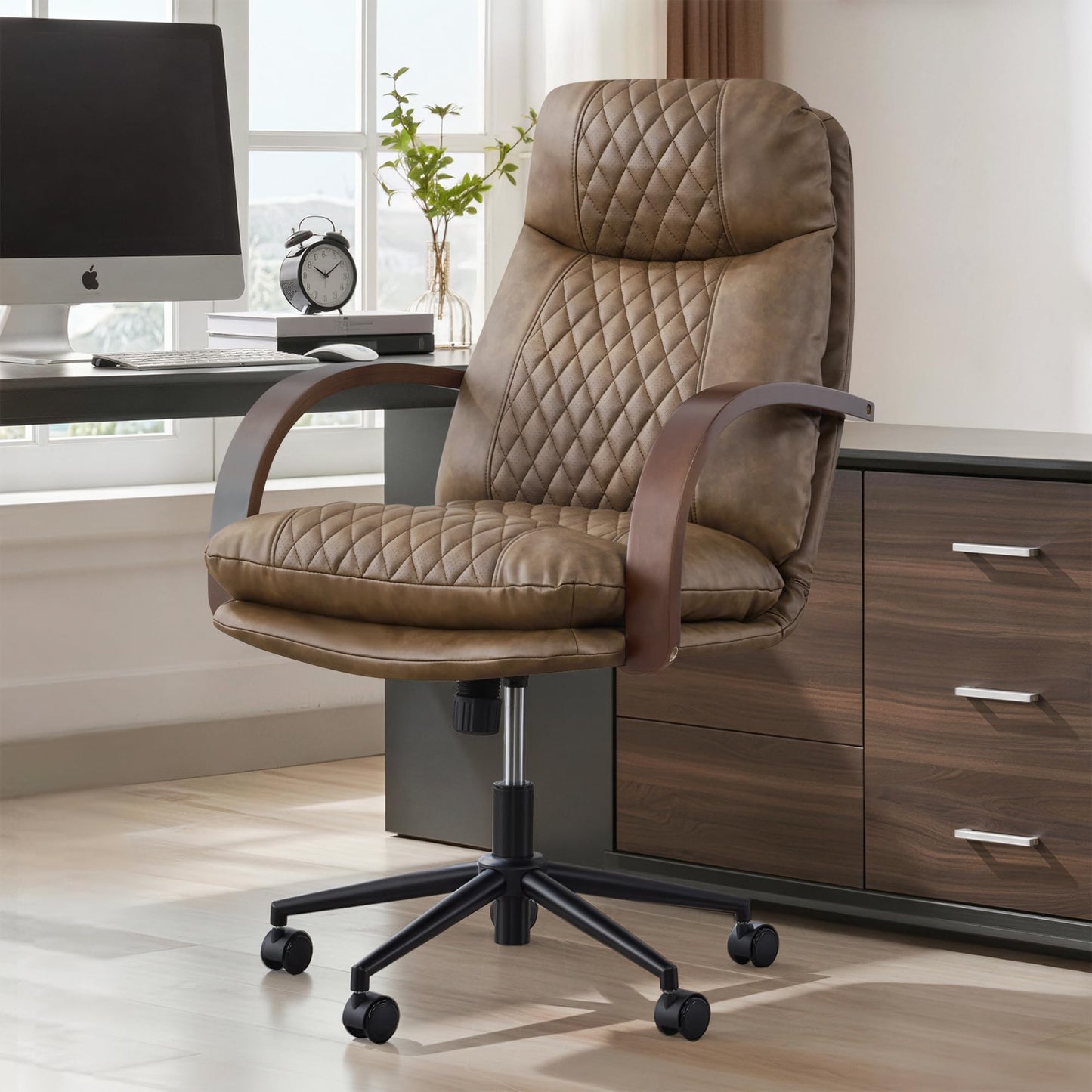 KISLOT Home Office Desk Chair, Ergonomic Office Chair with Lumbar Support, Adjustable Swivel Computer Chair with Wheels, Faux Leather Executive Task Chair with Wood Arms, Brown