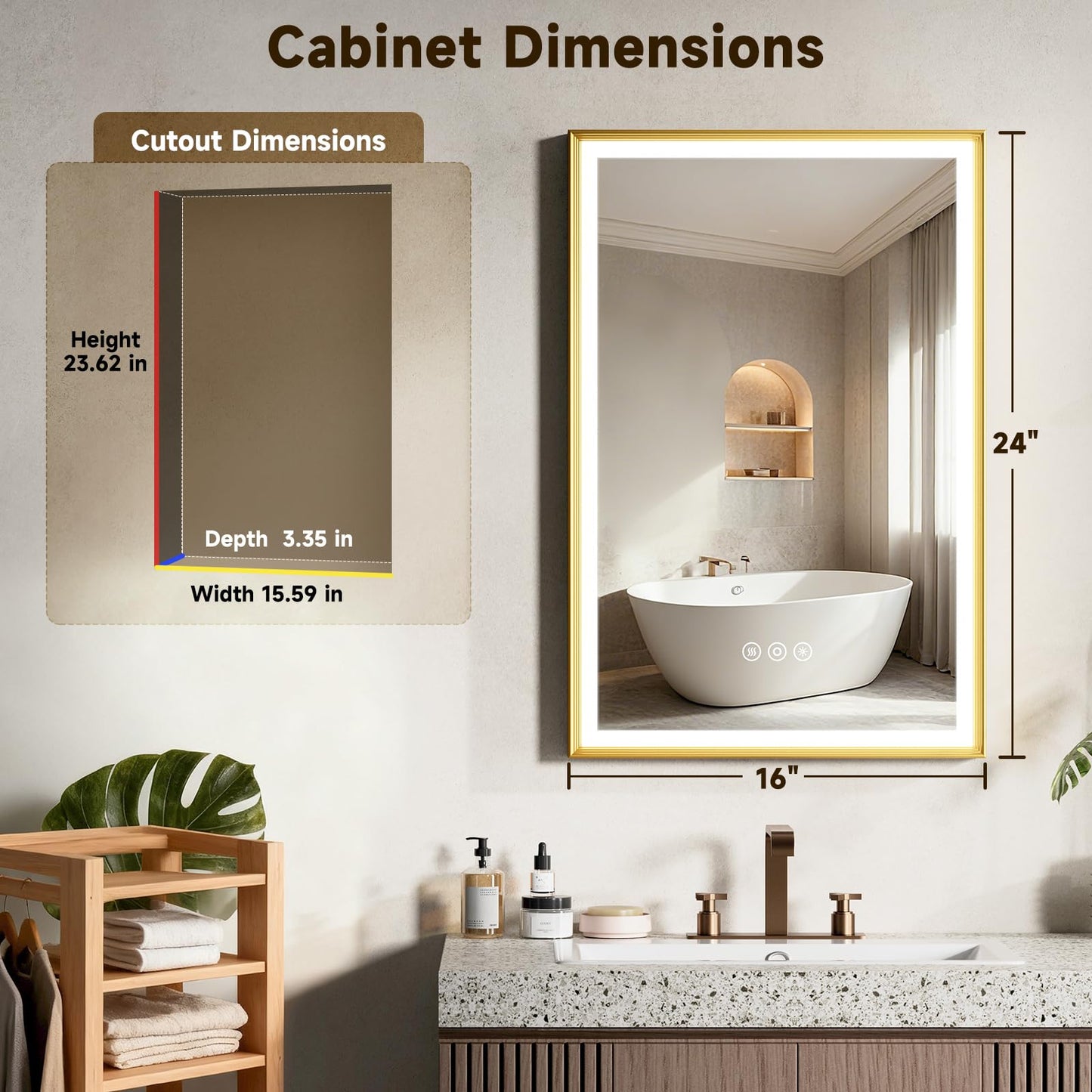 HGLITEDMIR 16x24 Inch Lighted Medicine Cabinet Gold Aluminum Frame 3-Color Dimmable LED Anti-Fog Mirror Surface & Recessed Mount for Bathroom Hotel Apartment Dressing Room Entryway