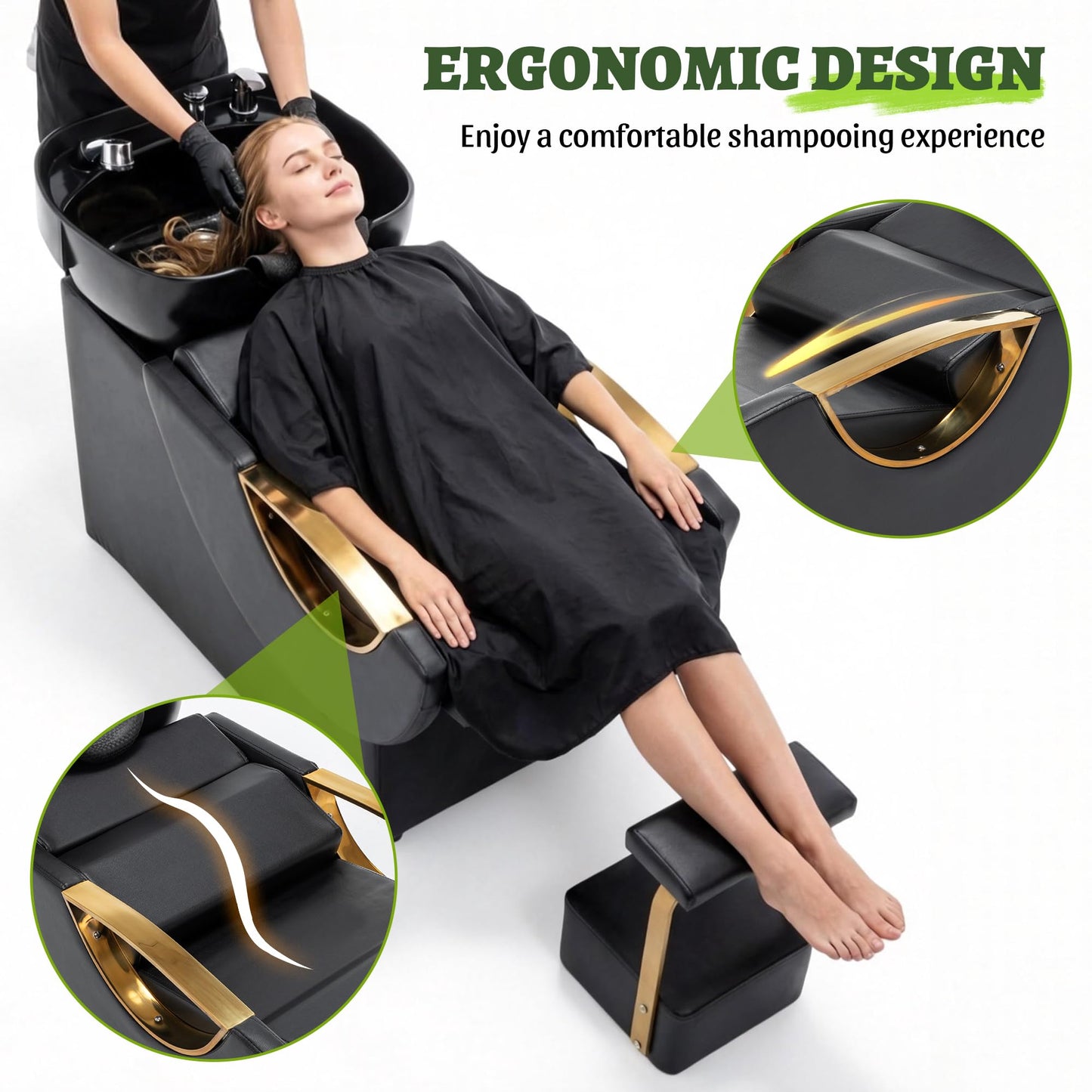 Jaxilyn Professional Shampoo Chair Waterproof PU Leather Salon Hair Washing Unit for Barber Shop & Spa Black