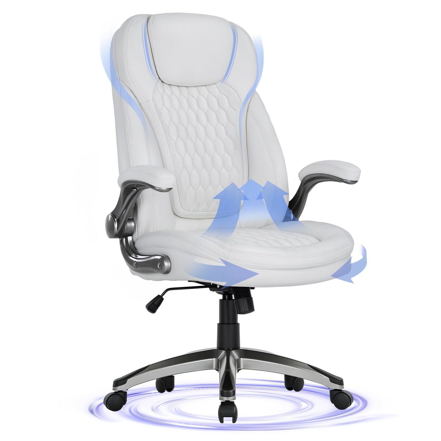 COLAMY Executive Office Chair-Ergonomic Computer Desk Chair, High Back Leather Chair with Padded Flip-up Arms, Swivel Home Office Chair Upgraded Caster, White