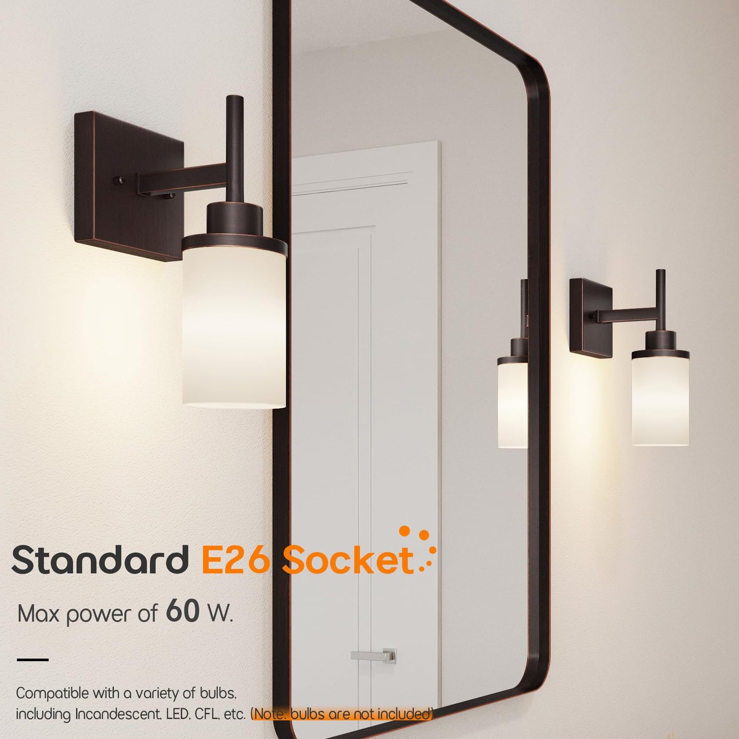 AONEON Wall Lights Over Mirror, 1-Light Oil-Rubbed Bronze Sconces, White Frosted Glass Shade, Model T001ORB-L1-P2, 2 Pack