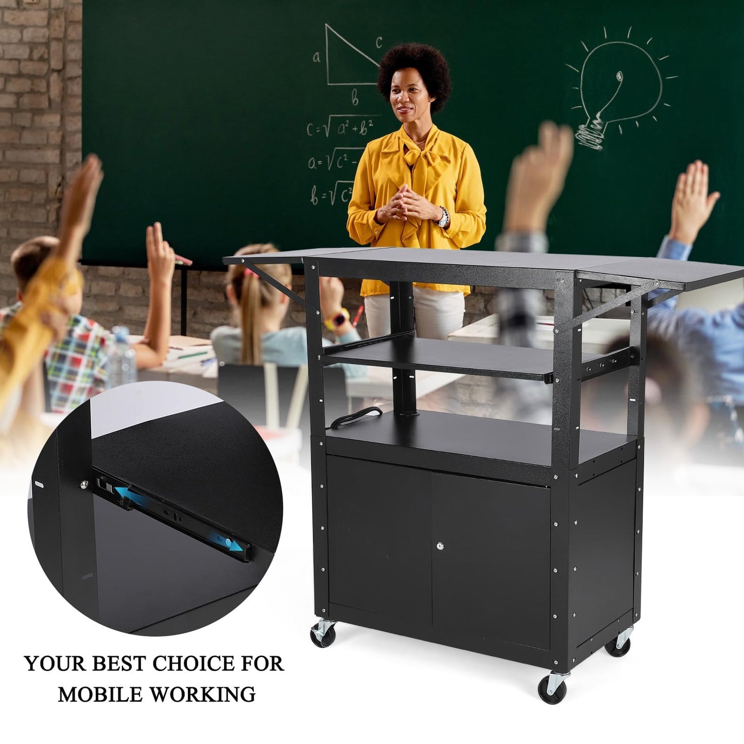GAOMON Rolling AV Cart with Locking Cabinet, Laptop Stand, and Drop Leaves, Height Adjustable Mobile Utility Cart Workstation with Extra Storage Space, Power Strip