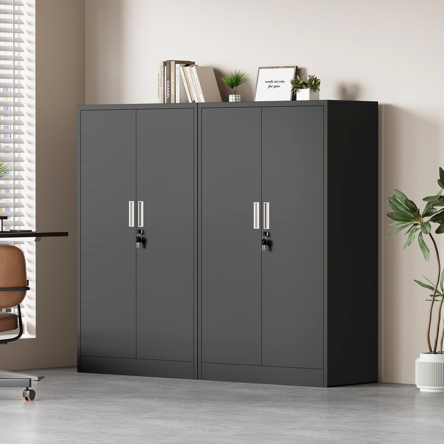 JINKUR Metal Storage Cabinet with Locking Doors and 3 Adjustable Shelves, Lockable Storage Cabinets for Home Office Garage Kitchen Pantry (Black)