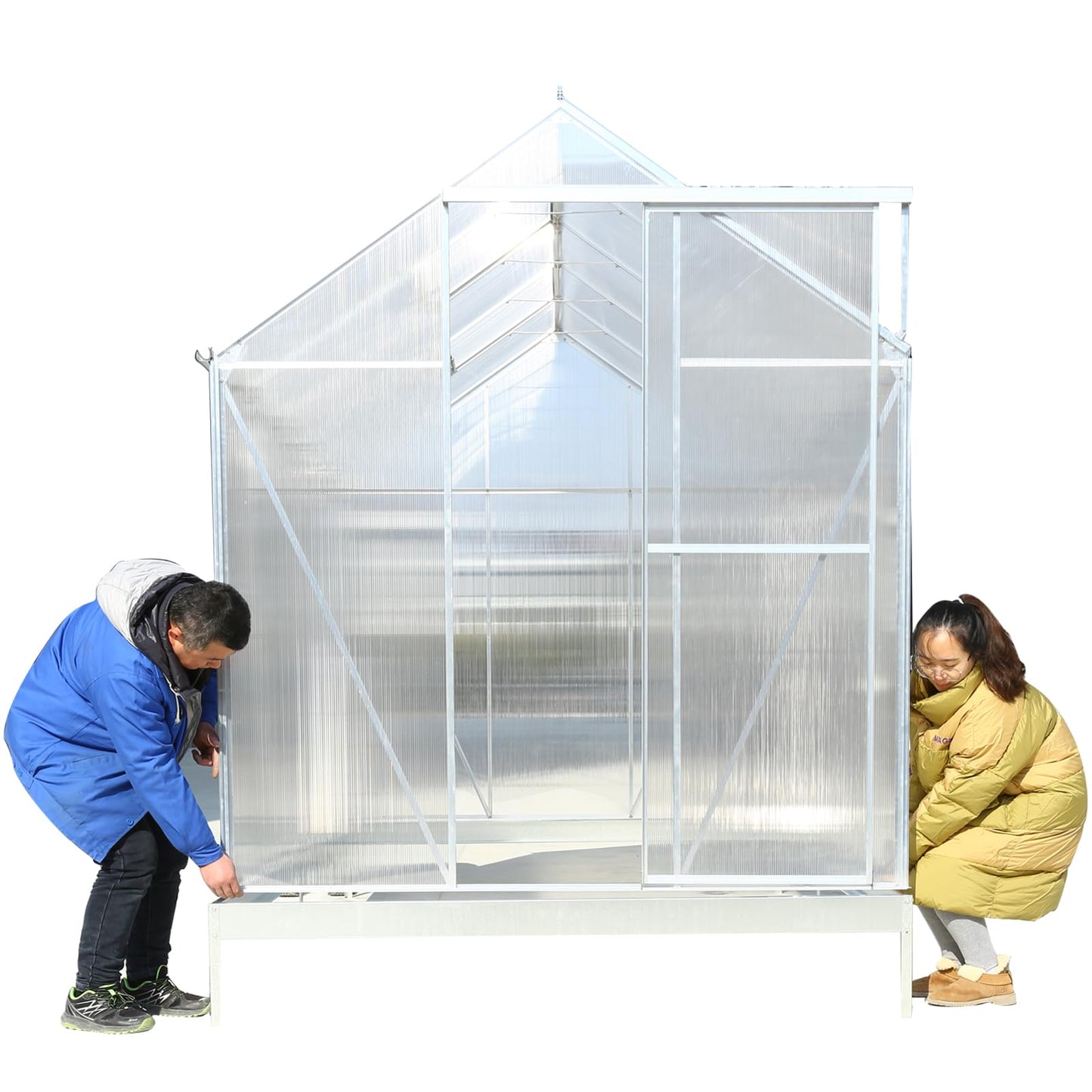 KEIKI 6.3x10.2FT Polycarbonate Greenhouse Walk-in Heavy Duty Outdoor with Aluminum Frame, Clear Panels, Rain Gutter, Adjustable Vent, Sliding Door for Backyard Nursery, UV Safe, Silver