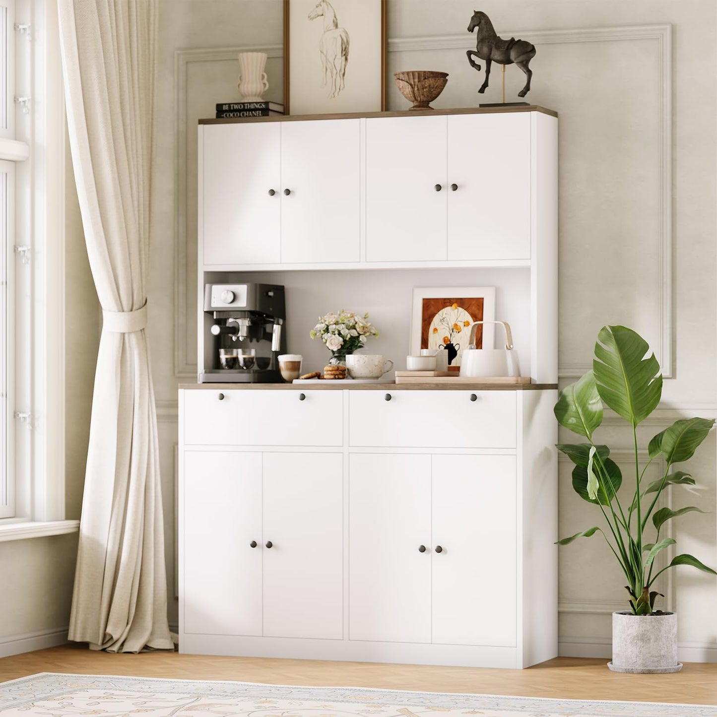 Garvee 71" Tall Kitchen Pantry Storage Cabinet with Charging Station, Food Hutch with Drawers, Doors, Shelves, and Countertop for Dining Room