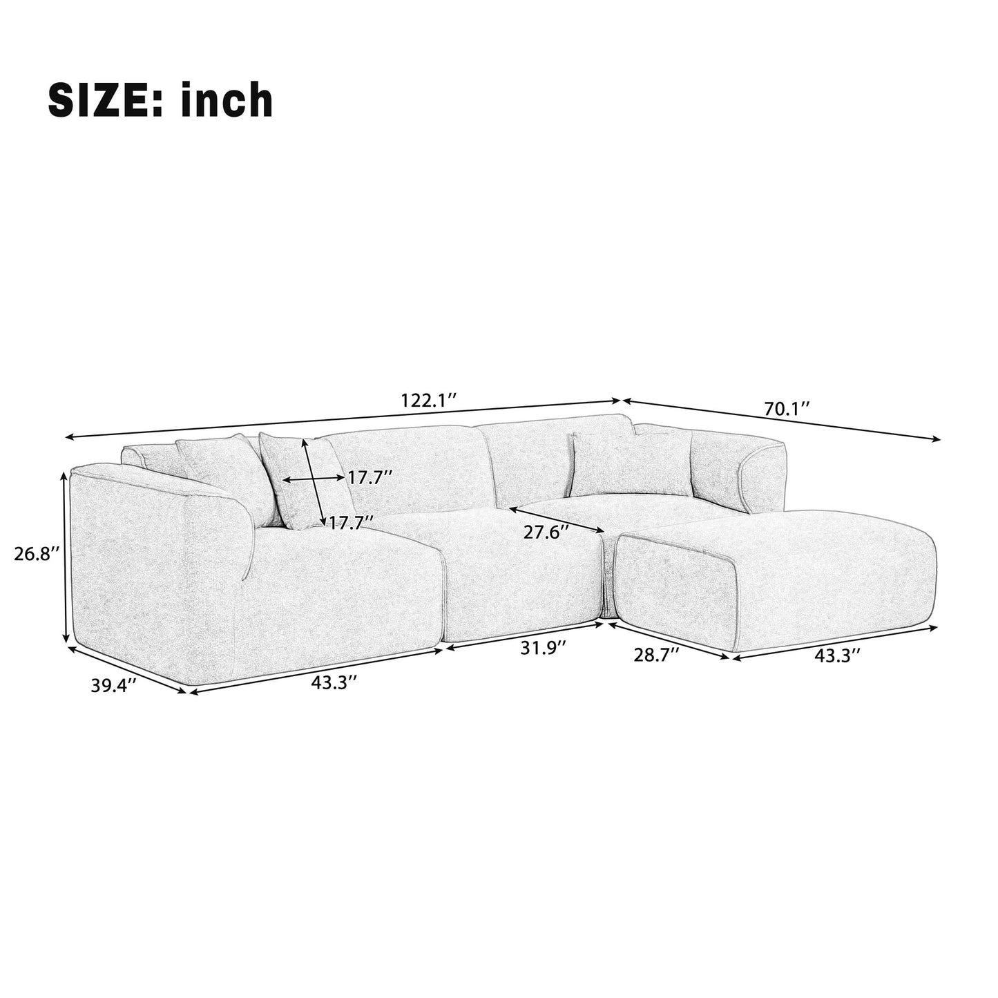 Merax Modern Oversized L-Shaped Sectional Sofa with Ottoman, Velvet 4-Seat Couch Set Sleeper Bed with 3 Throw Pillows, Gray