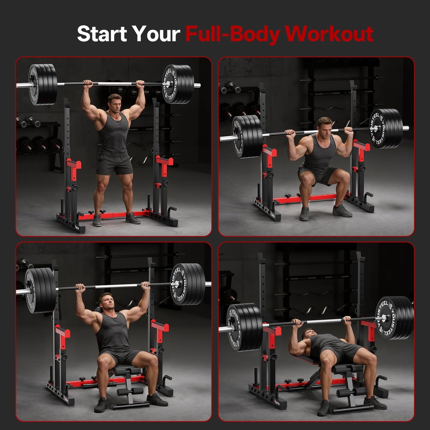 PASYOU Adjustable Squat Rack Stand, 1200 LBS Total Capacity Multi-Function Bench Press Station with Spotter Arms and Push-Up Handles Dumbbell Rack, for Home Gym Strength Training, Red
