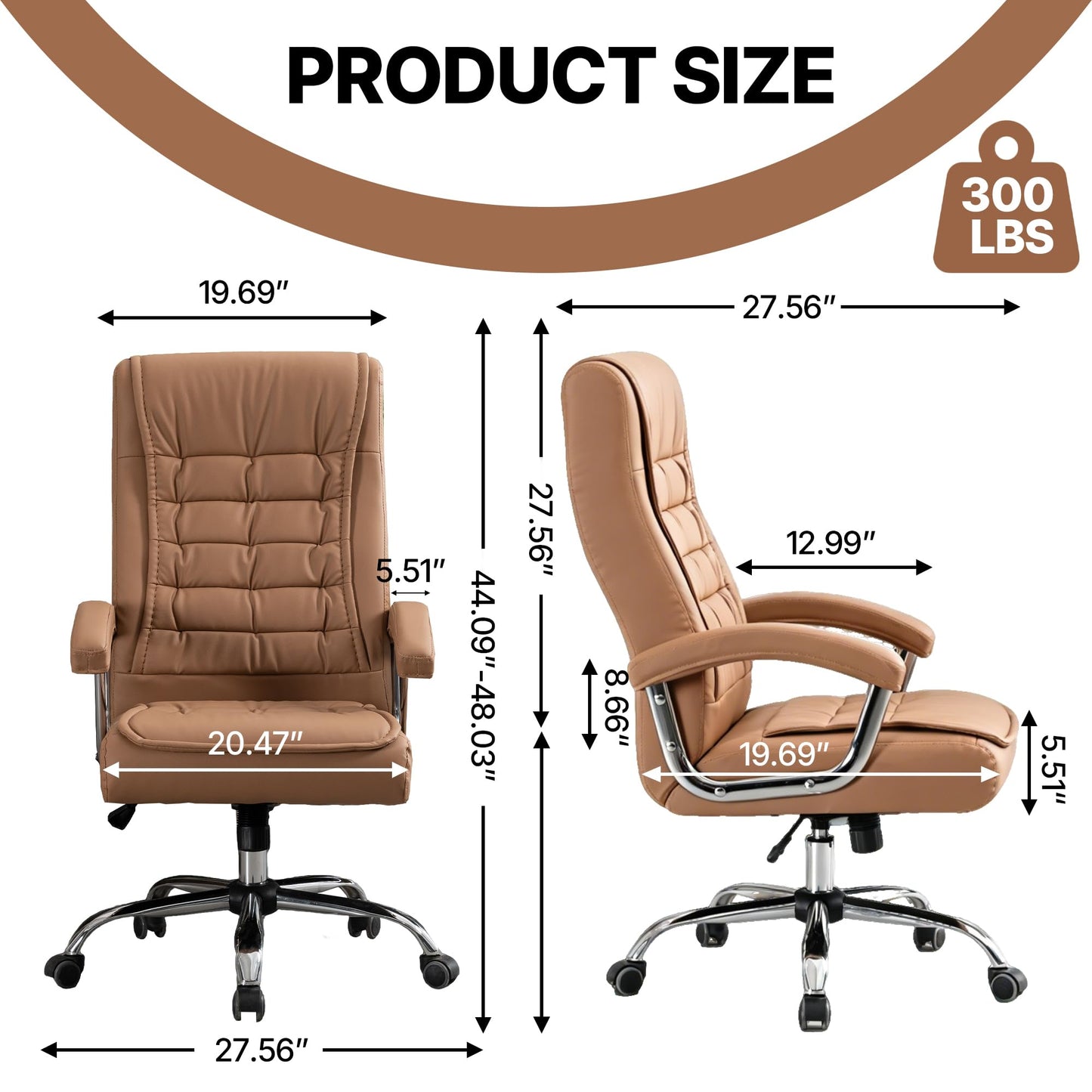 KEIKI Executive Office Chair High Back PU Leather Desk Chair with Spring Cushion, Ergonomic Swivel Computer Chair, Chrome Armrests, Adjustable Rolling Chair for Home Office, Camel