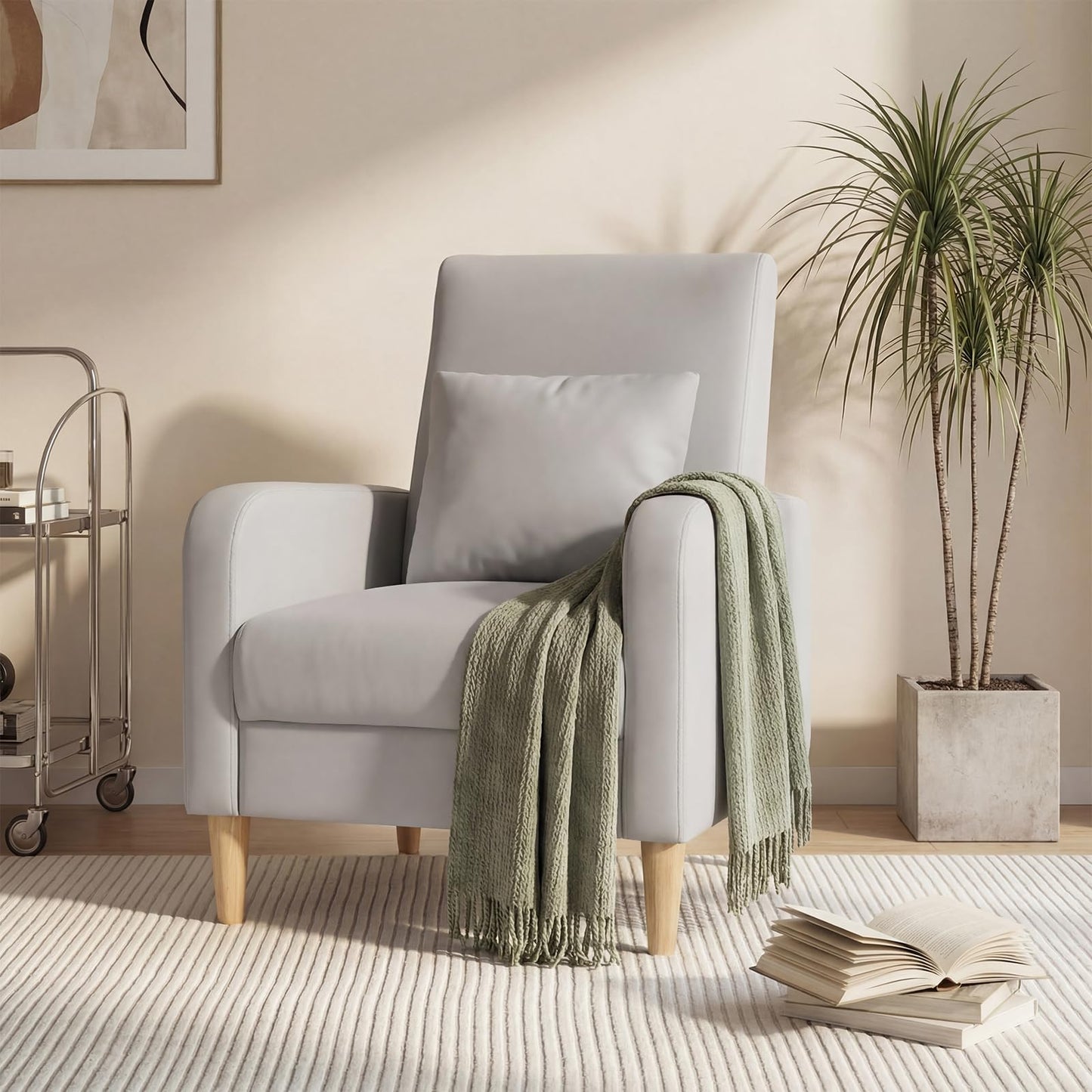 COLAMY Faux Leather Accent Living Room Chairs Set of 2, Upholstered Arm Chair Reading Side Chair, Single Sofa with Back Pillow and Wood Legs, Light Grey