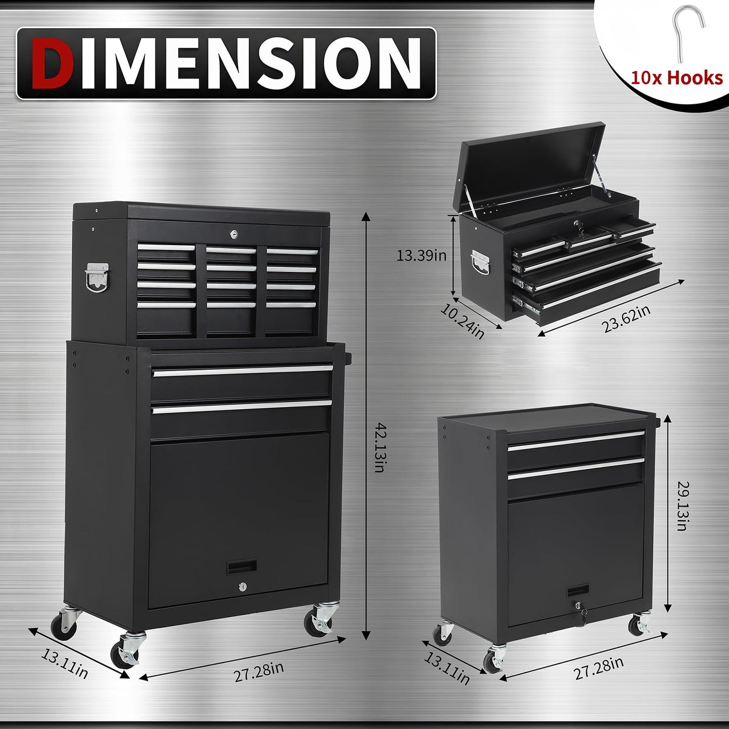 8-Drawer 2-in-1 Rolling Tool Cart with Lock Detachable Top Box - Black
