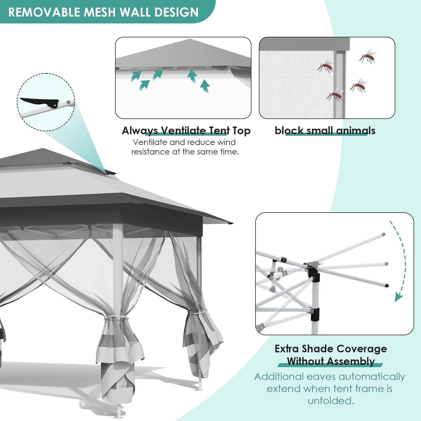 MAMIZO 13ft Pop Up Gazebo, Outdoor Instant Canopy Tent w/4 Netting Sidewall & Auto Extending Eave, Patio Gazebos Shelter w/Mesh Wall, Center Lock, Wheeled Bag for Garden, Yard (Grey, 13X13FT)