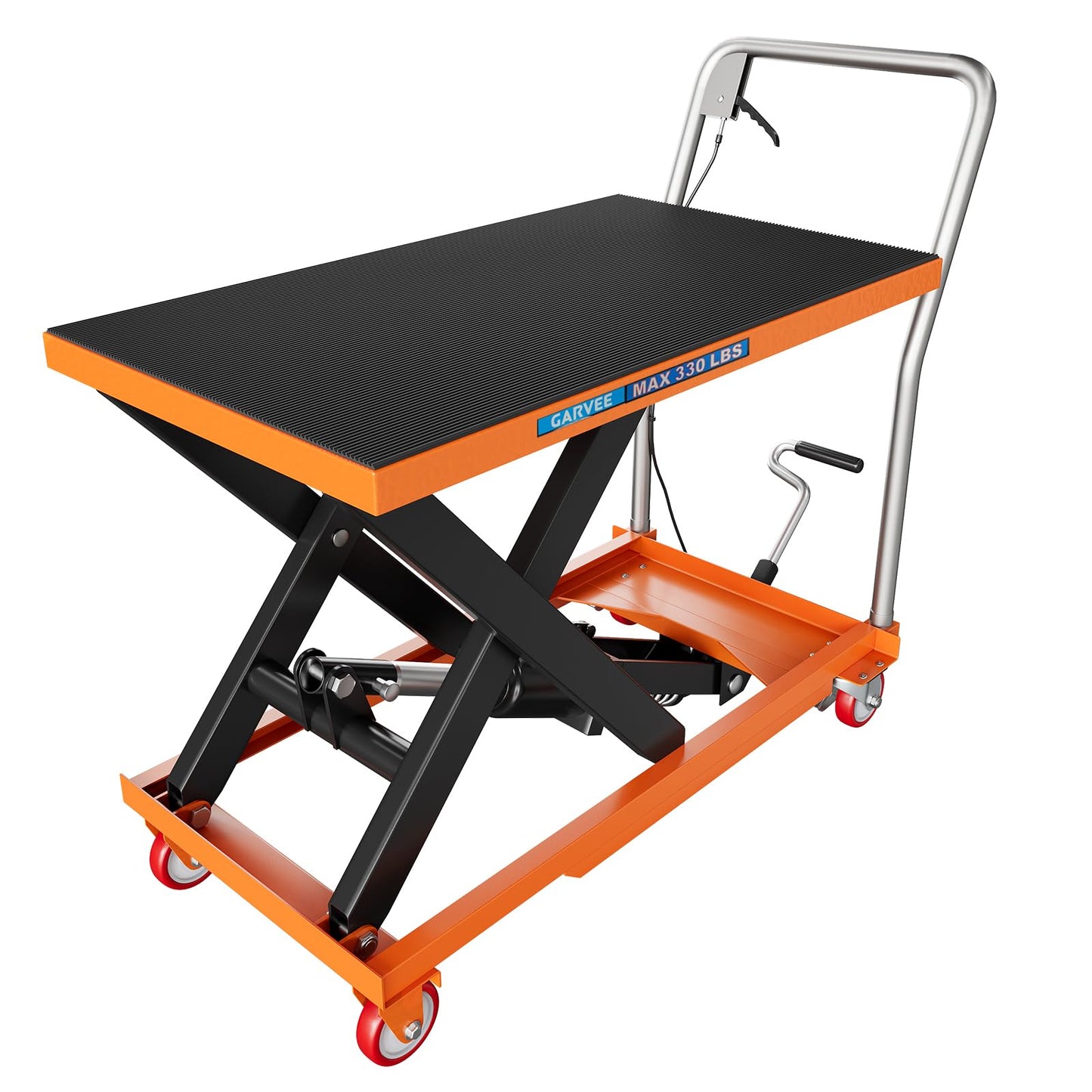 Hydraulic Lift Table Cart, 330lbs Capacity 28.5" Lifting Height, Manual Single Scissor Lift Table with 4 Wheels and Non-Slip Pad, Hydraulic Scissor Cart for Material Handling, Orange