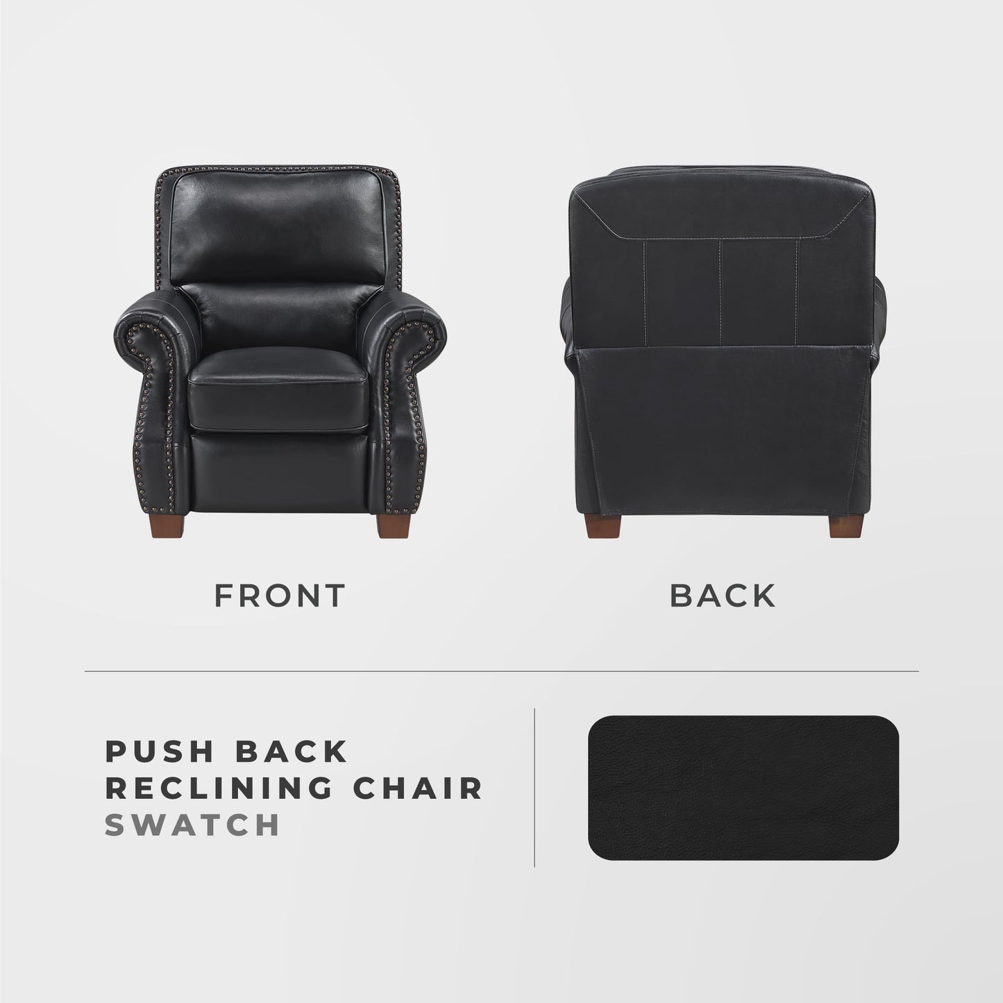 Lexicon Push Back Reclining Chair, Top Grain Leather Match Push Back Recliner Chair with Nailhead Trim, Rolled Arms, Solid Wood Legs, for Living Room/Apartment/Office, Easy Assembly, Black