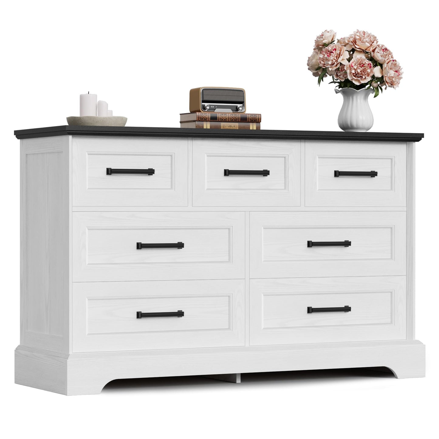 Furmax Farmhouse Dresser for Bedroom, 7 Drawers Dresser, Wood Chest of Drawers, 47.5" Wide Storage Dressers Organizer for Bedroom, Living Room, White and Black