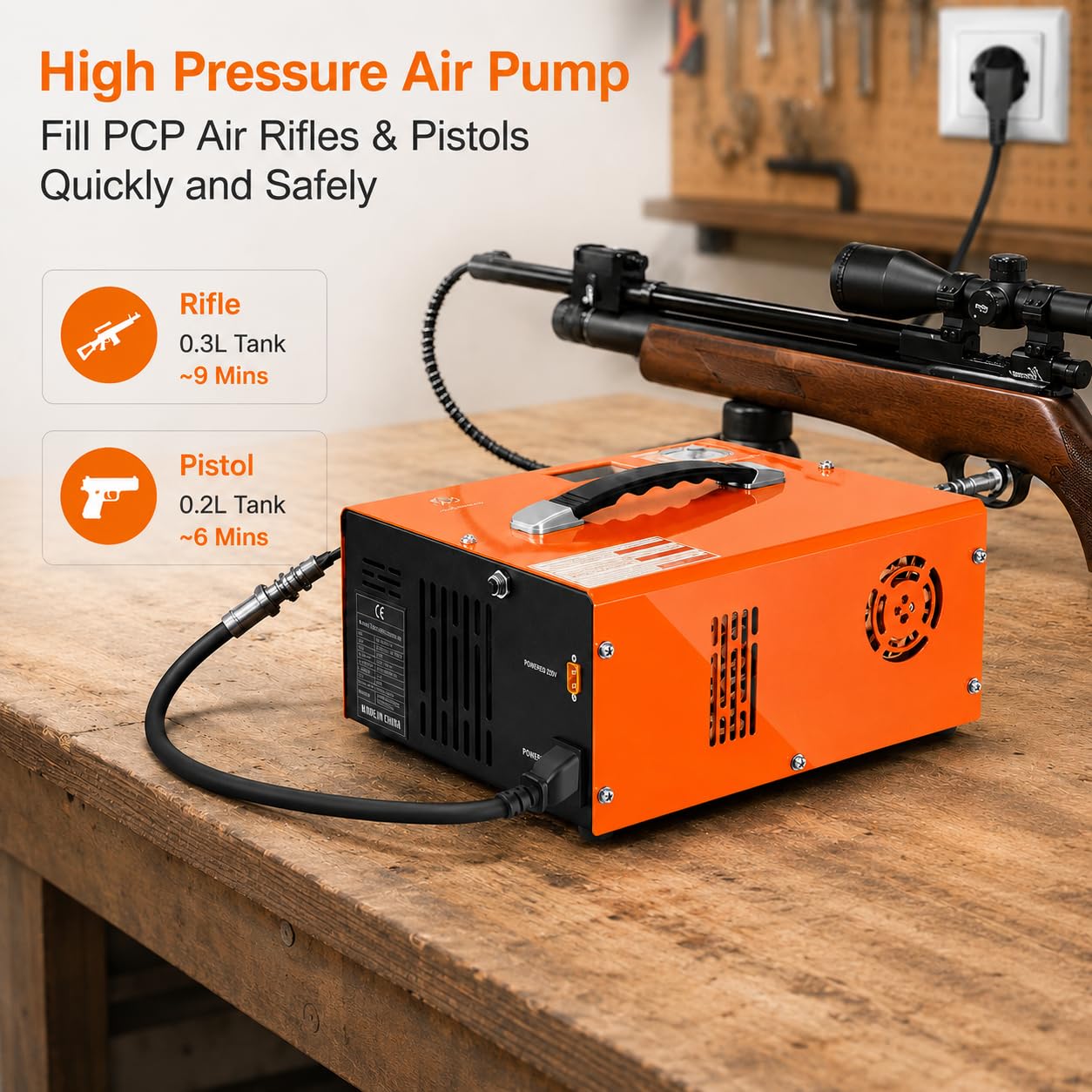 PCP Air Compressor, 4500 PSI/30MPa, Dual Power 12V DC/110V-230V AC, Auto Shut-Off, Portable High Pressure Pump for Airgun Paintball Scuba Tank