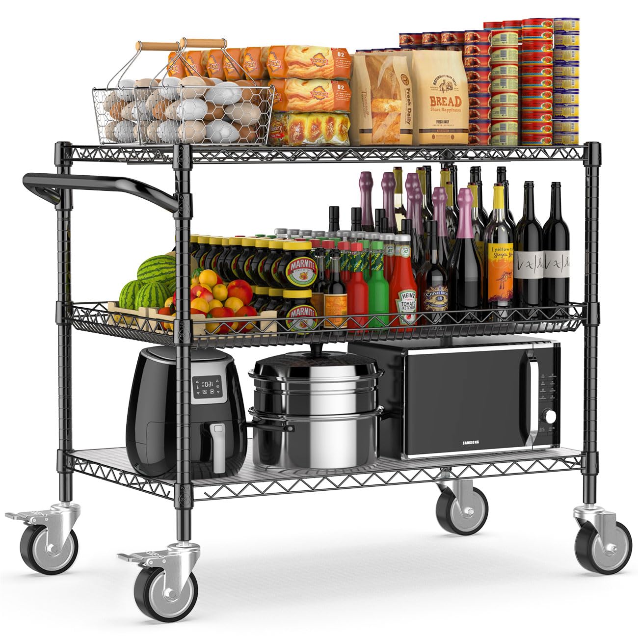 Leteuke Heavy Duty Rolling Utility Cart, 45 Inch Kitchen Carts with Wheels, NSF Commercial Grade with Handle & Shelf Liners, 1120LBS Storage Cart for Kitchen,Restaurant,Plant Display-Black