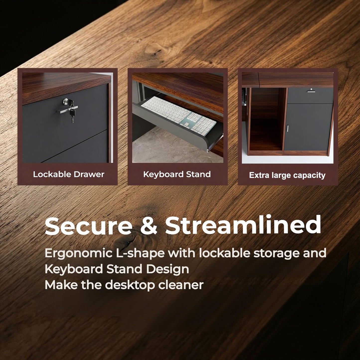 L-Shaped Reception Desk with Counter & Wireless Charging, 1-Inch Thick Board, Lockable Drawers & Keyboard Tray, Heavy-Duty Front Desk for Office, Salon, Hotel & Clinic, Black & Walnut, 71 Inch