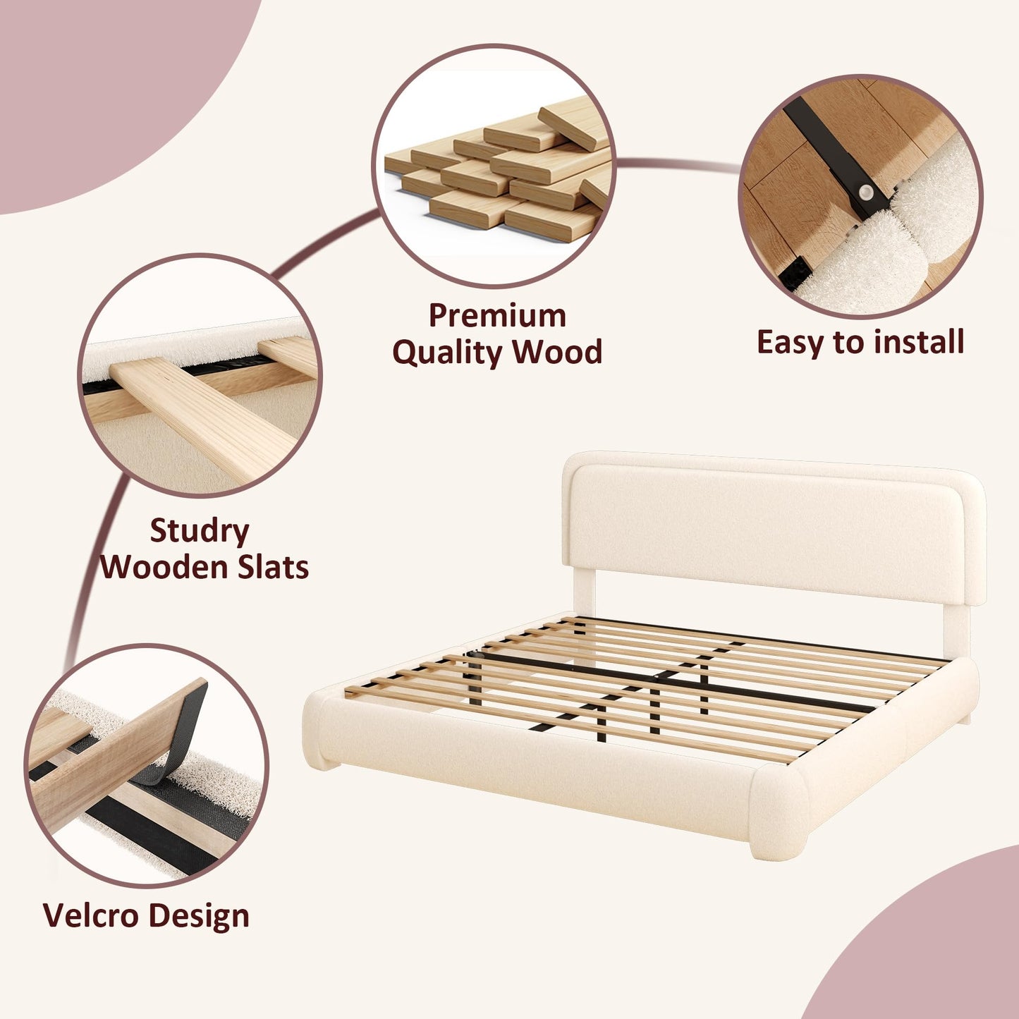 Vcooved Queen Boucle Platform Bed Frame with Height Adjustable Headboard, Modern Upholstered Cloud Bed, Sleek Curved Design, No Box Spring Needed, Noise Free, Easy Assembly, Beige
