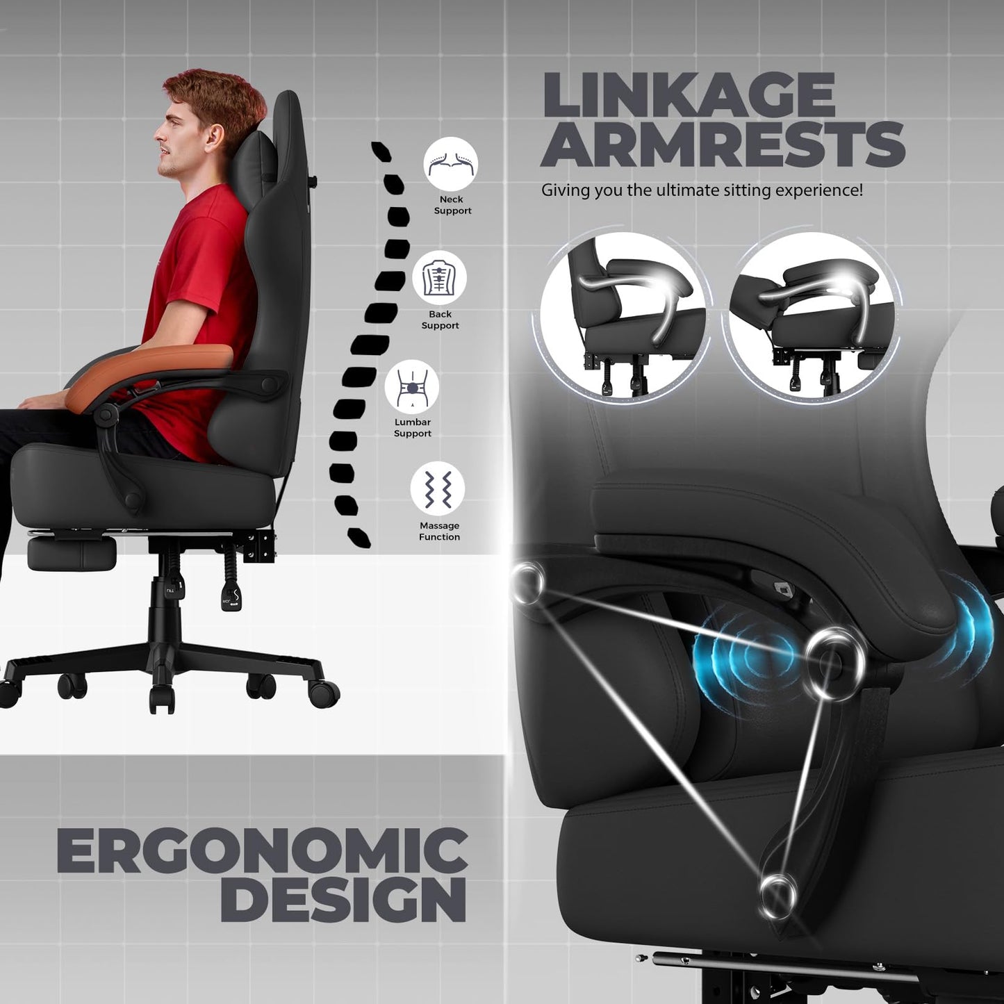 GTPLAYER Big and Tall Gaming Chair 400lbs Heavy Duty Office Chair with Footrest, High Back Pocket Spring Ergonomic Computer Chair for Adults, Wide Cushion with Linkage Armrests,Leather Black-Massage