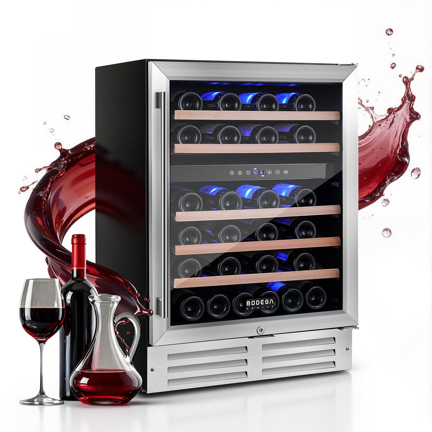 BODEGA COOLER 24 Inch Wine Cooler, 46 Bottle Wine Fridge Free standing, 41-72°F Wine Refrigerator Glass Door, Blue LED Wine Fridge, Built-in or Freestanding Fridge for Home/Bar/Kitchen (5.3 cu.ft)