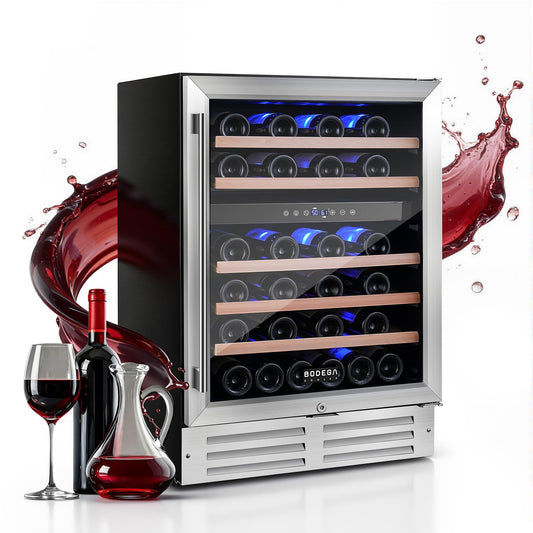 BODEGA COOLER 24 Inch Wine Cooler, 46 Bottle Wine Fridge Free standing, 41-72°F Wine Refrigerator Glass Door, Blue LED Wine Fridge, Built-in or Freestanding Fridge for Home/Bar/Kitchen (5.3 cu.ft)