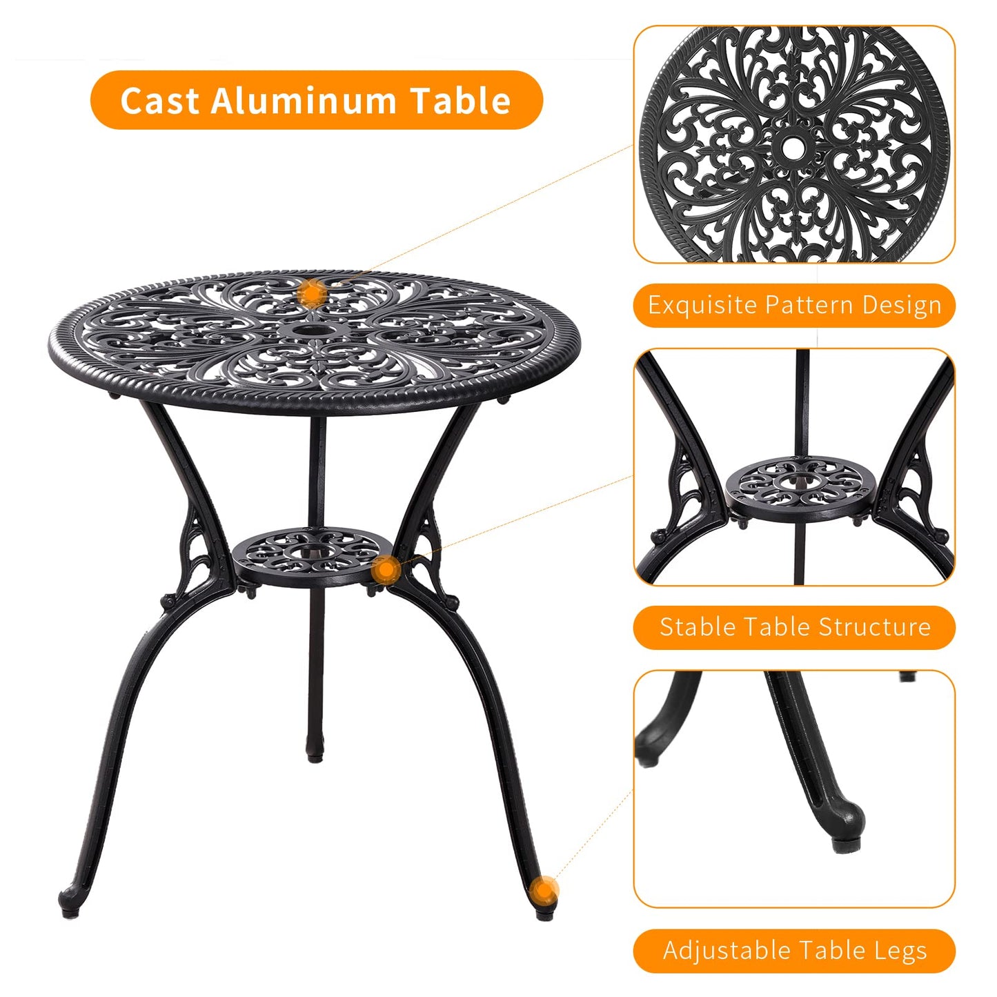 Withniture Outdoor Bistro Set 3 Piece Patio Bistro Set, Cast Aluminum Bistro Table and Chairs Set of 2, Small Patio Table Set for Porch, Black