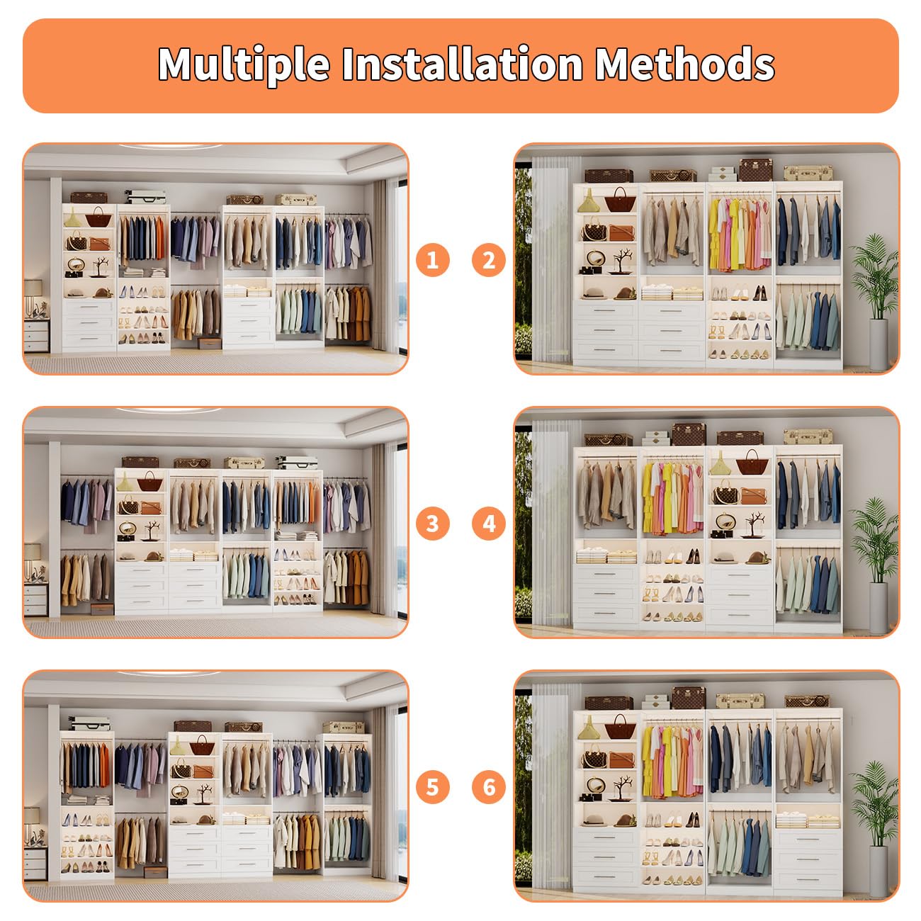 Closet System with 4 Sets, 8–21 FT Closet System with 6 Drawers, 9 Shelves & 8 Hanging Rods, Heavy Duty Closet Organizer System for Walk in Closets, Modular Custom Wood Closet Kit, White