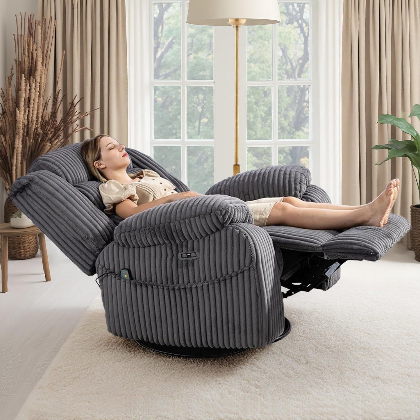ERYE Oversized Glider Rocker Chair 270° Swivel & Power Reclining Chair W/Vibration Heat and USB-C Ports,Power Recliner Armchair Corduroy Upholstered Nursery Armchair