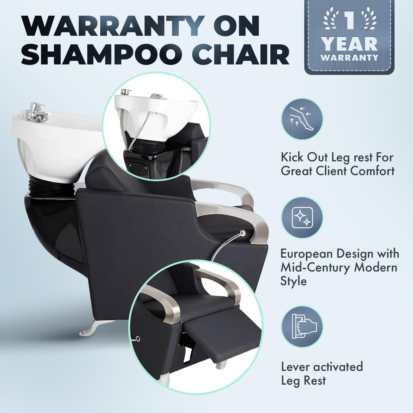Buy-Rite Luna Shampoo Backwash Station: white porcelain tilting bowl, extra-wide black vinyl chair, chrome armrests, lever leg rest, single-handle faucet with vacuum breaker - professional salon gear.