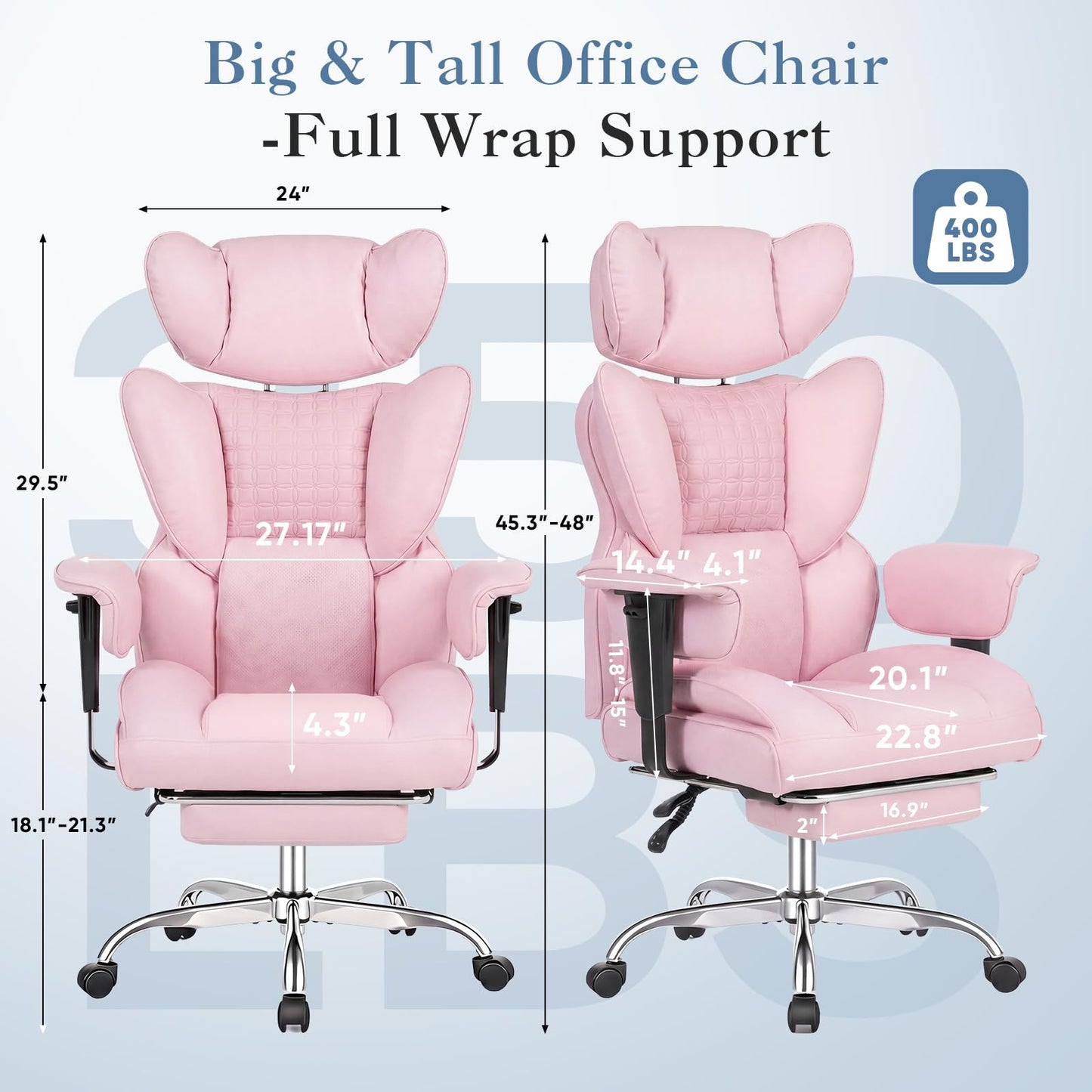 DUMOS Big and Tall Home Office Desk Chair, Gaming Computer Chair, Executive Ergonomic Chair with Footrest, High Back Reclining, Adjustable Armrests and Comfy Lumbar Support, PU Leather, Pink