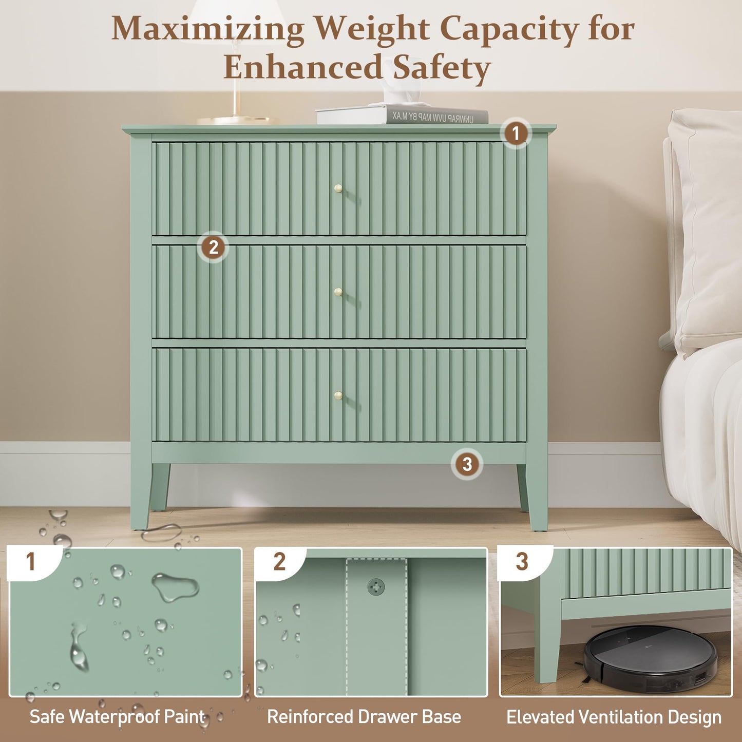 May in Color Sage Green Large 3-Section Set of 2, Painted 30 Inch Tall Wood Nightstand with Storage, Wide Modern Cabinet with Ball Bearing Slide for Hallway Living Room Entryway