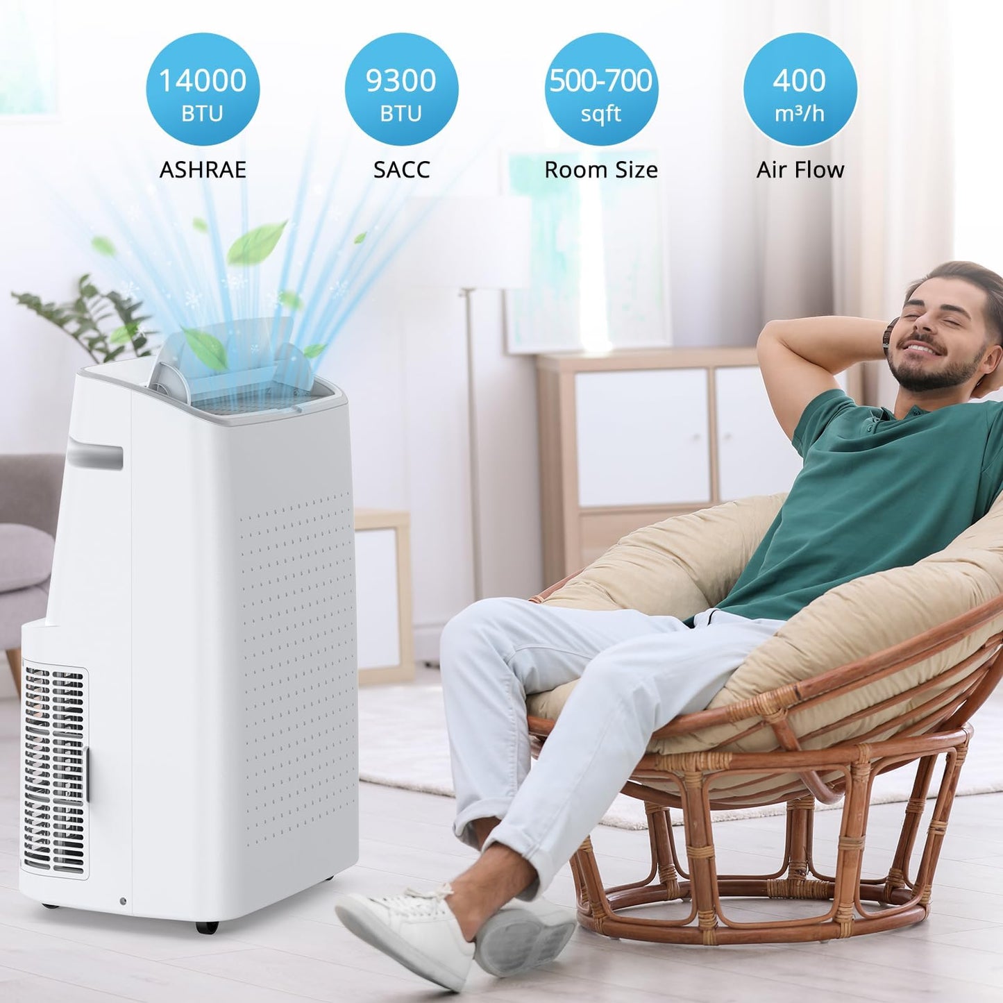 14000 BTU Portable Air Conditioner, 3-in-1 AC Unit with Dehumidifier and Fan, Cools up to 700 Sq Ft, with Window Kit and Remote Control for Home, Bedroom, Living Room, Office, White