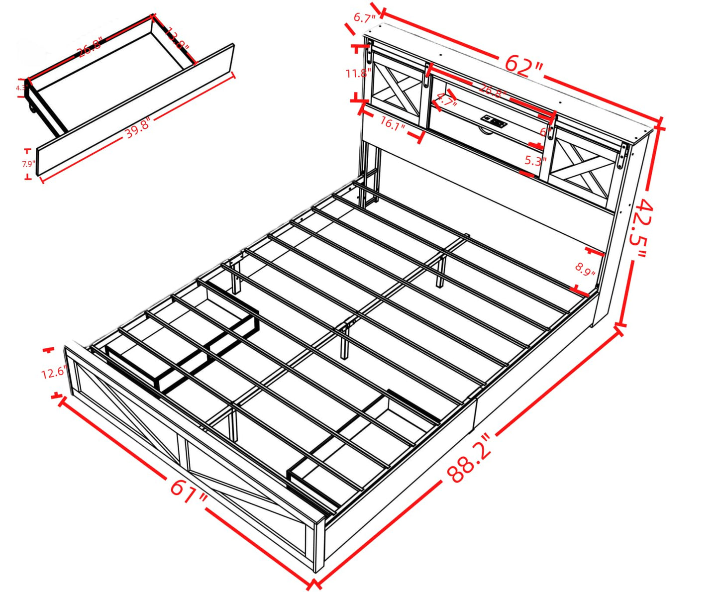 KEIKI Farmhouse Queen Bed Frame with Storage Headboard & Drawers, Rustic Wooden Platform Bed with Sliding Barn Door Design, Modern Bedroom Furniture, No Box Spring Needed, Noise Free, Grey