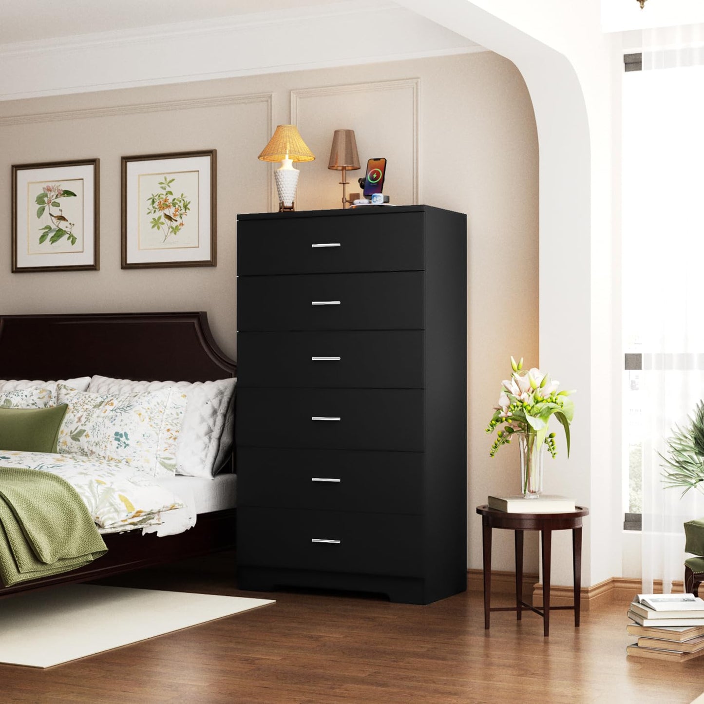 AXCIGOC 48" Tall Dresser for Bedroom Chest of Drawers with Power Outlets Wood 6 Drawers Dresser with Large Storage Space and Metal Handles Modern Closet Storage Drawer for Living Room Hallway Black
