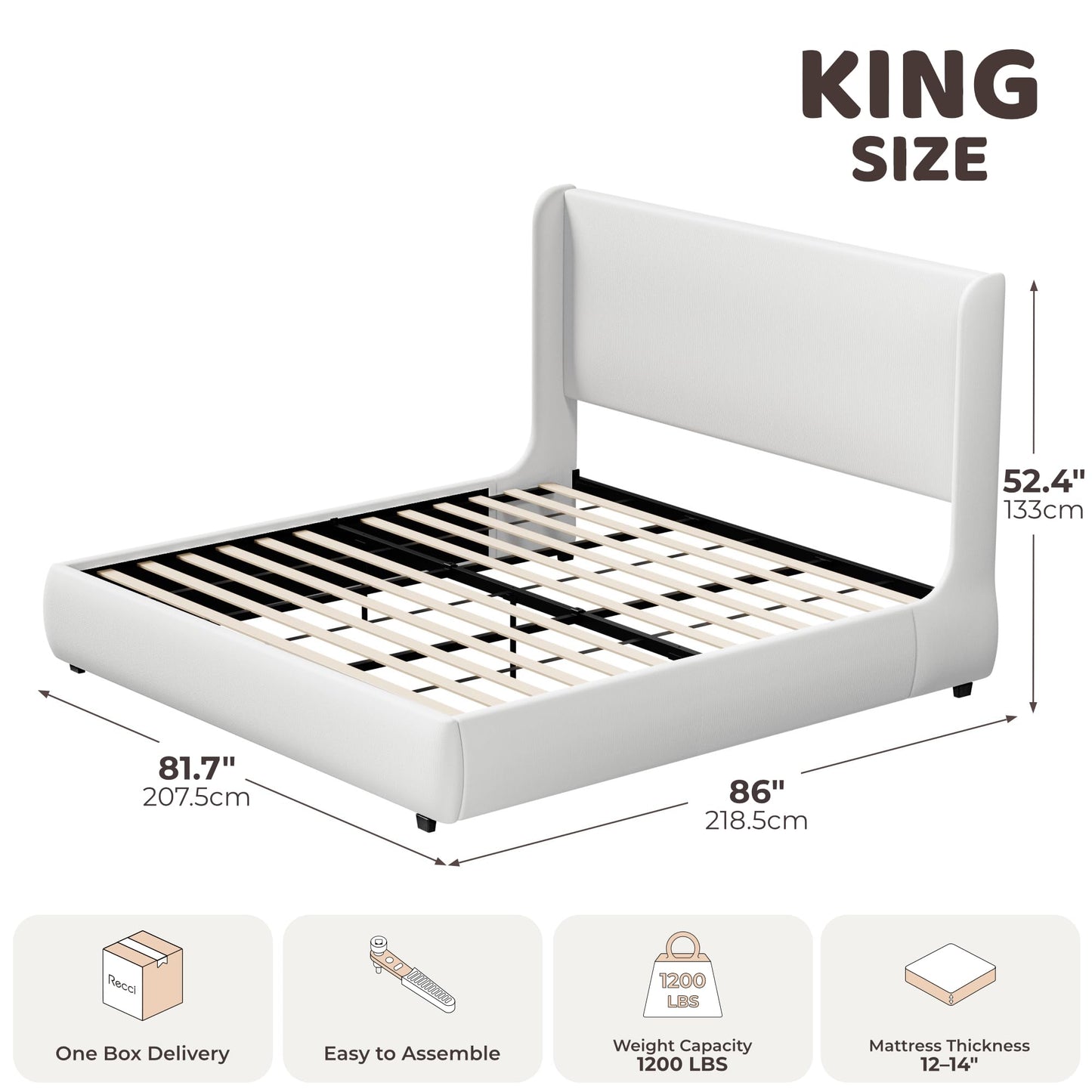 RECCI King Upholstered Wingback Bed Frame, 52” Tall Cushioned Headboard, Soft Edges, Low Profile Platform Bed, Sturdy Wood Slats, No Box Spring Needed, Ivory White Canvas