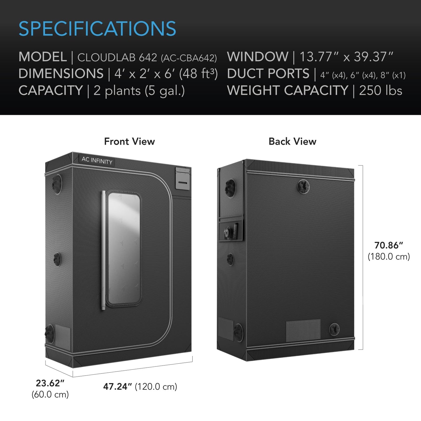 AC Infinity CLOUDLAB 642, Advance Grow Tent 4x2, Thickest 1" Poles, 2000D Mylar Canvas, Lab-Tested Highest Reflectivity, Largest Zipper Window, Controller Mount Plate, 48" x 24" x 72" Indoor Growing