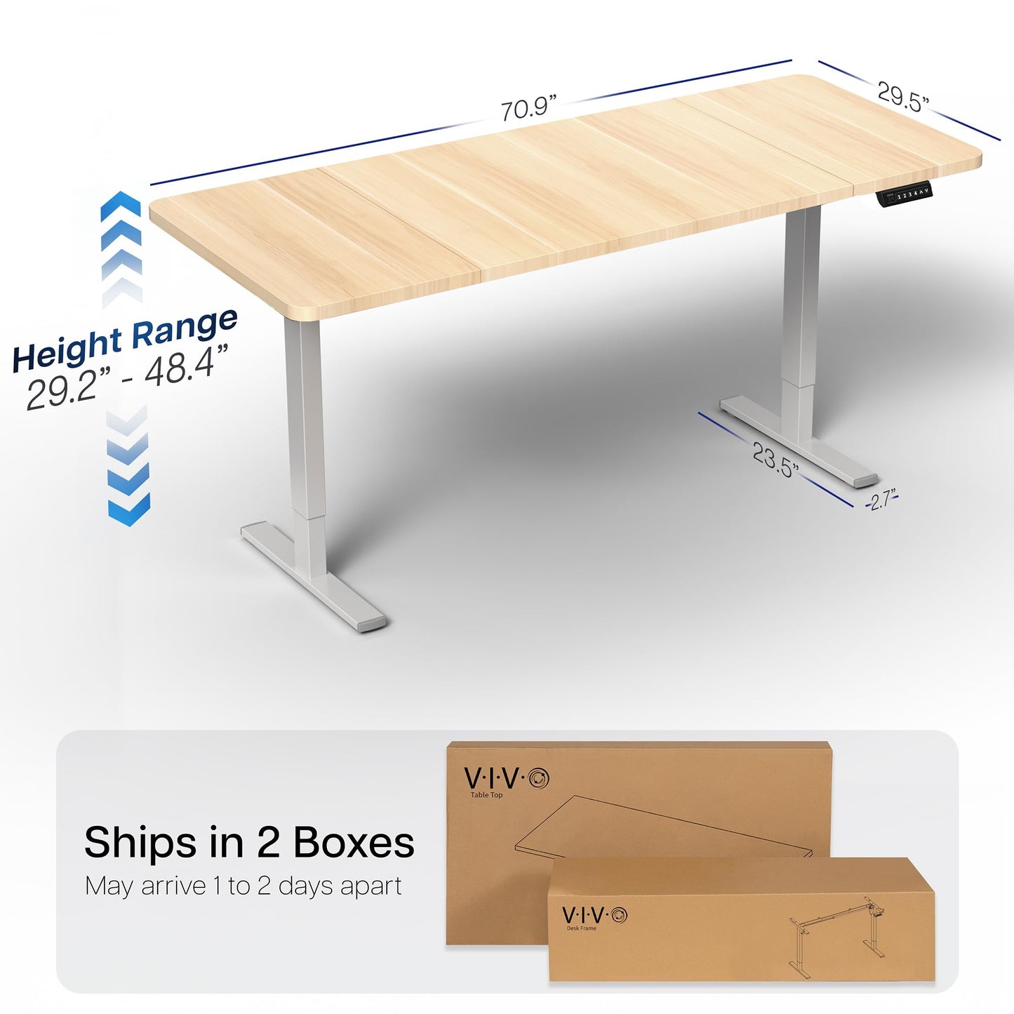 VIVO Electric 71 x 30 in Standing Desk, Memory Height Adjustment, 1B Series, Holds 220 lbs, Light Wood Top Gray Frame, DESK-KIT-1G7C