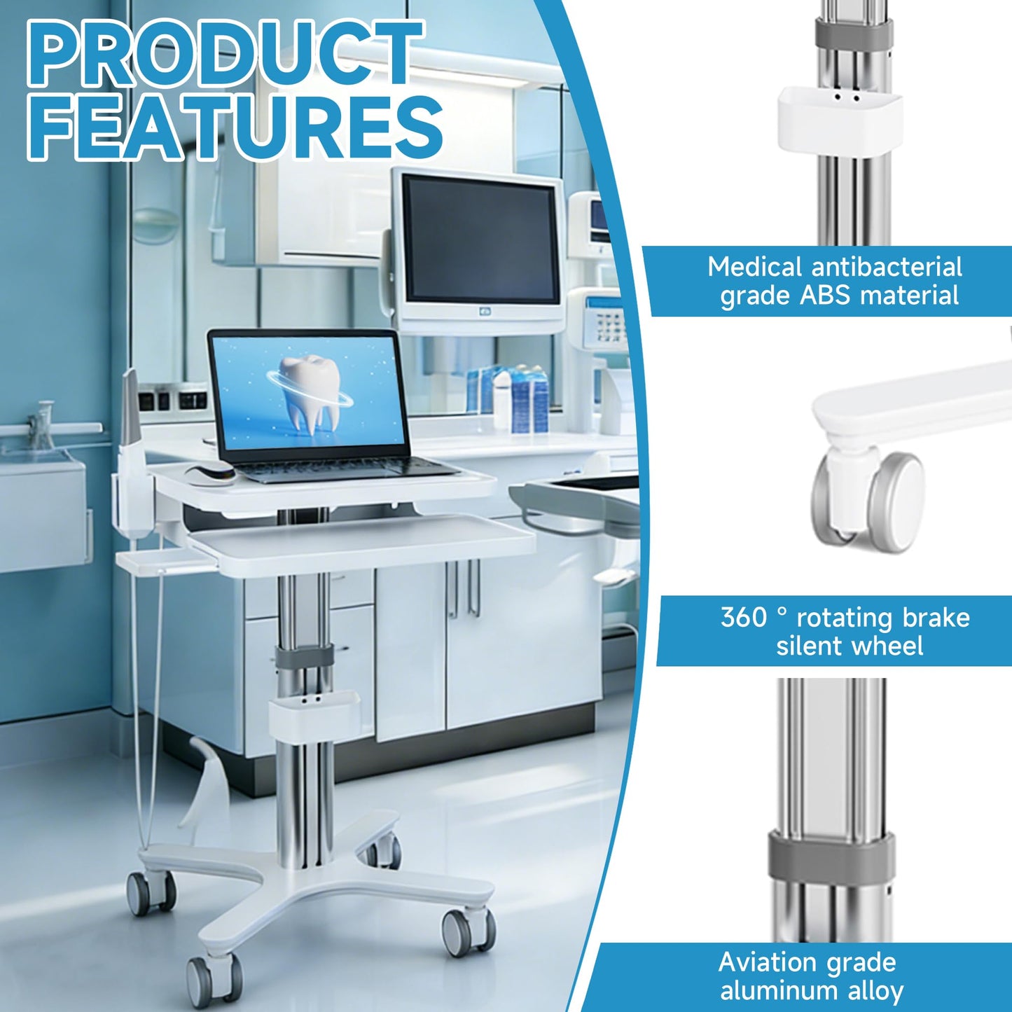 Dental Clinic Trolley Cart with Oral Scanner Holder, Dental Scanner Cart with Laptop Tray, Mobile Workstation Equipped with Lockable Silent Wheels, Aluminum Alloy Bracket Adjustable Height（MTO-3）