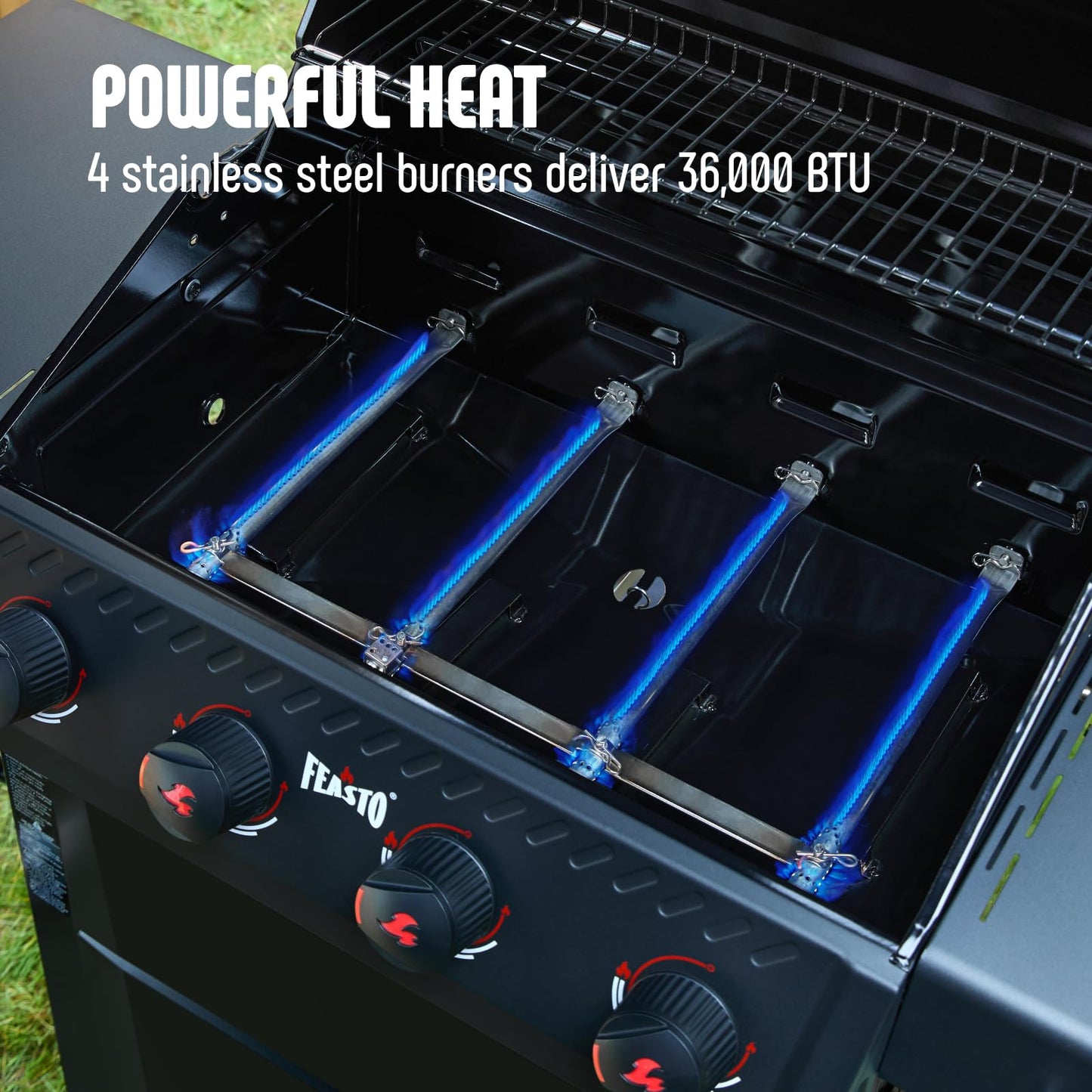 Feasto 4-Burner Gas BBQ Grill with Side Tables, 36,000 BTU Outdoor Propane Grill with Premium Enameled Coated Chamber Body & Porcelain-Enameled Grates for Deck Party & Patio BBQ, 559 Sq. In., Black