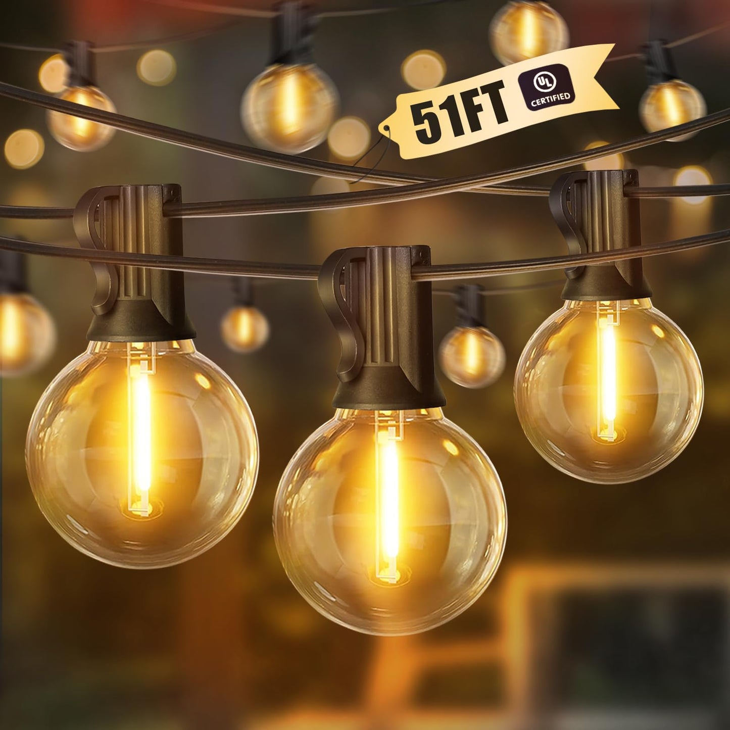 LAMPHOME LED Outdoor String Light, 51FT with 25 Shatterproof Bulbs, Warm White, Connectable & Dimmable, Model MYHOC7-025(0.6