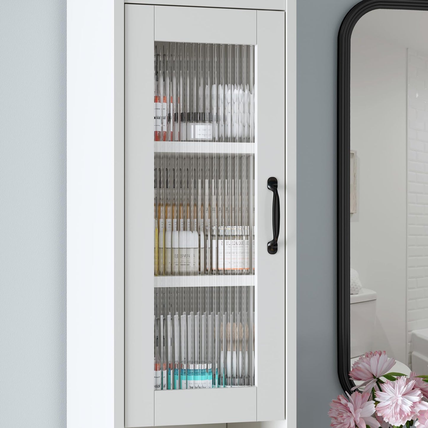 Baztin 71" H Tall Bathroom Storage Cabinet, Narrow Bathroom Cabinet with Glass Door Slim Cabinet with Adjustable Shelf Skinny Linen Tower Thin Linen Storage for Small Space, Cream White