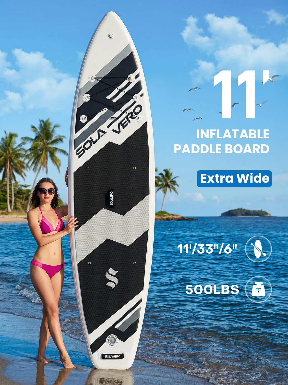 SOLAVERO Inflatable Stand Up Paddle Board, 11' SUP for Adults, Non-Slip Deck for Fishing, Portable Blow Up Paddleboard with Accessories for Beginner, All Skill Levels