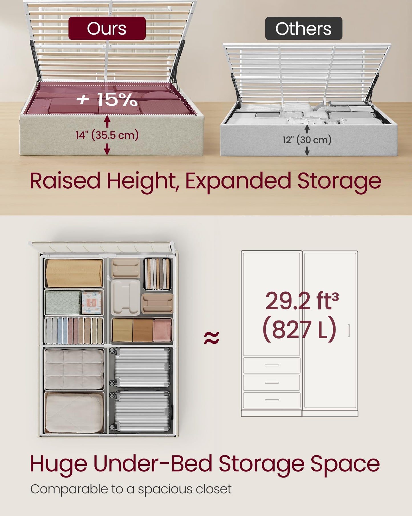 VASAGLE Lift Up Storage Bed Frame Full Size, Hydraulic Platform Bed, with Upholstered Headboard, 1100 lb Weight Capacity, No Box Spring Needed, Easy Assembly, Modern, Cappuccino Beige URMB602W01V1