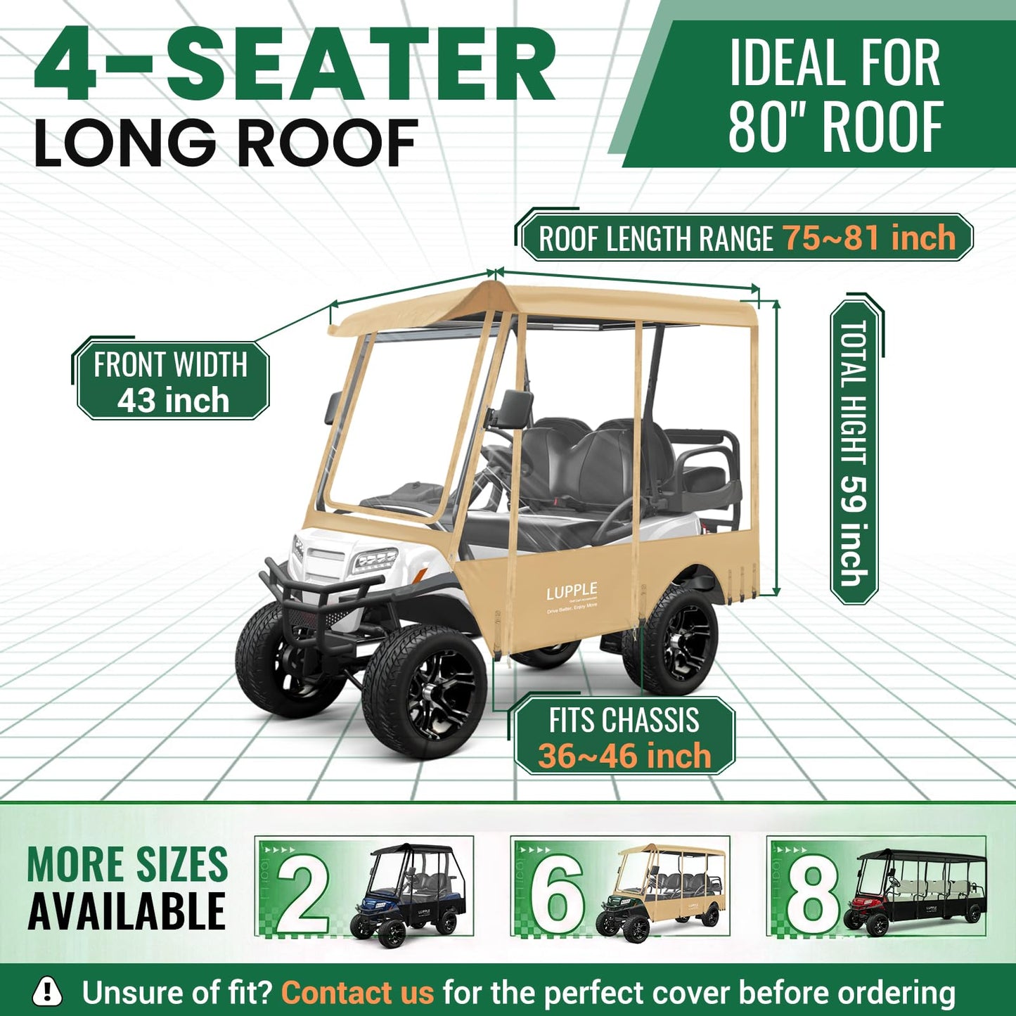 LUPPLE Universal 80 Inch Golf Cart Enclosure for EZGO TXT RXV, Fit Club Car Onward Tempo, Golf Cart Enclosure 4 Passenger Extended Roof, 600D Waterproof Windproof Rain Cover Khaki