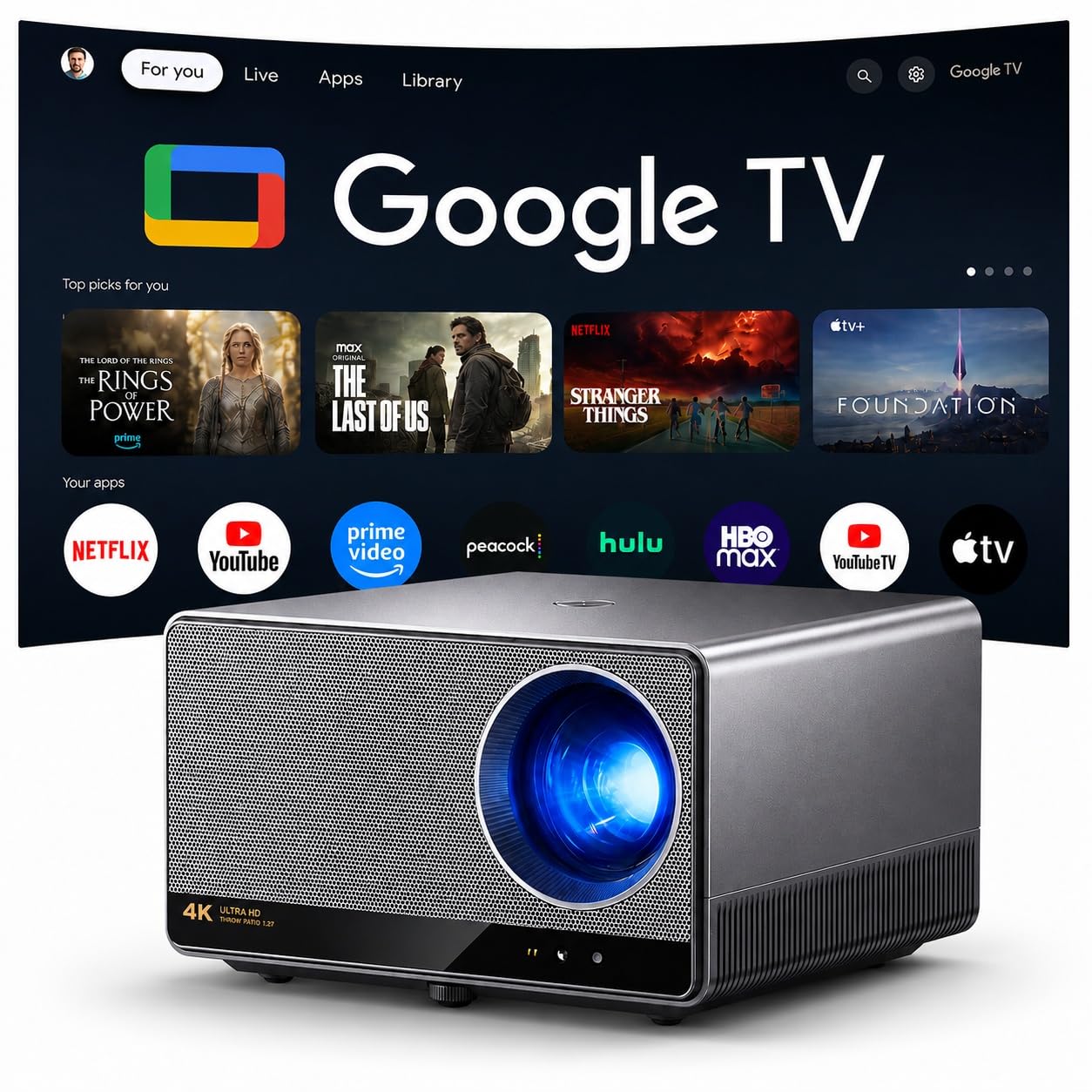 Ecosky Native 4K UHD Projector with Google TV, 3000 ANSI Lumens 4K Smart Projector with WiFi and Bluetooth, AI Auto Focus & Keystone, Dual Hi-Fi Speakers for Home Theater, Outdoor Movies, Gaming
